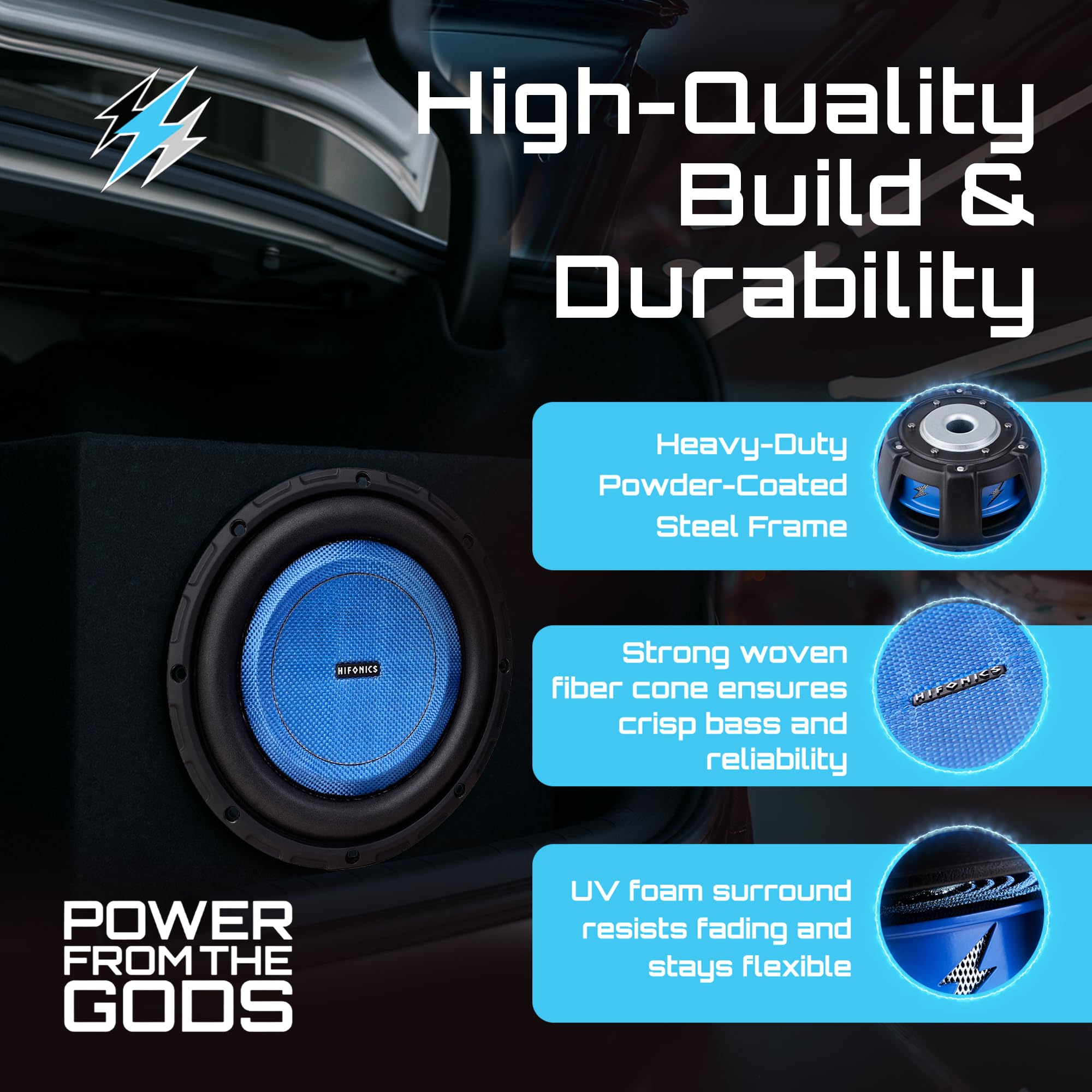 Hifonics 8 Inch Elite Shallow Mount Car Subwoofer, Dual 4 Ohm Voice Coil Speaker 500 Watt Peak Power Mobile Amplifier, Black/Blue