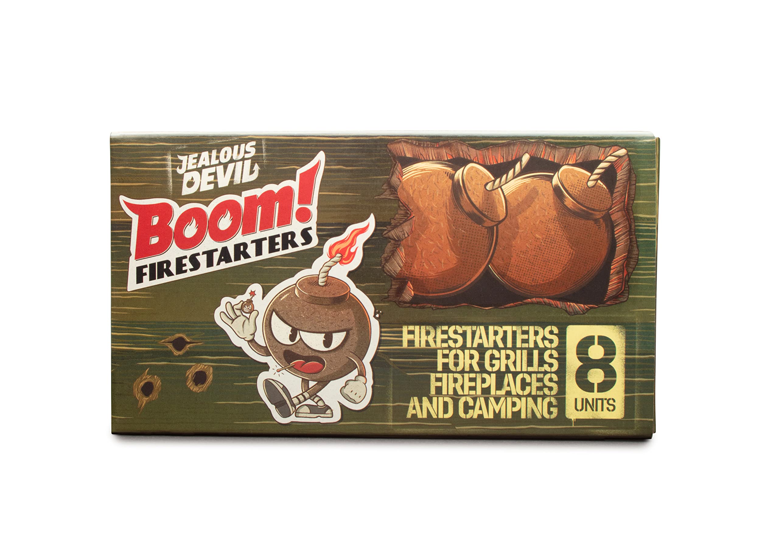 Jealous Devil Firestarters Boom! 8 Pack, 100% Natural Made from Coconut Fiber, No Smoke and Odorless, Waterproof, 20-Minute Long Burn for BBQ Lump Charcoal, Briquettes, Fireplace, Camping and More