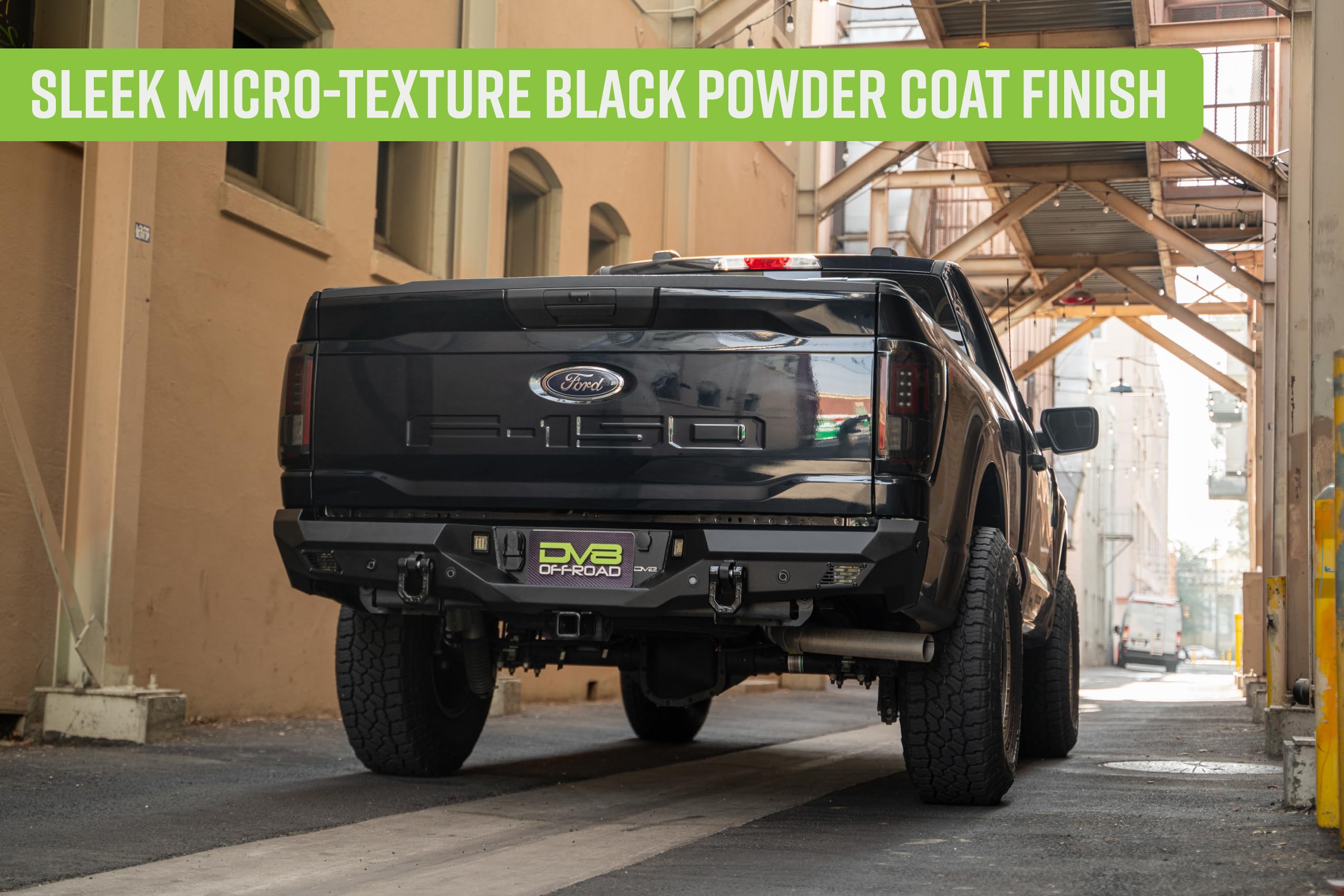 Rear Bumper DV8 Offroad Spec Series for 2021-2025 Ford F-150 | Full-Width Design | (2) 3" Pod Light Mounts | Pair of 1" D-Ring Mounts | Micro-Texture Black Powder Coat Finish | Steel Construction