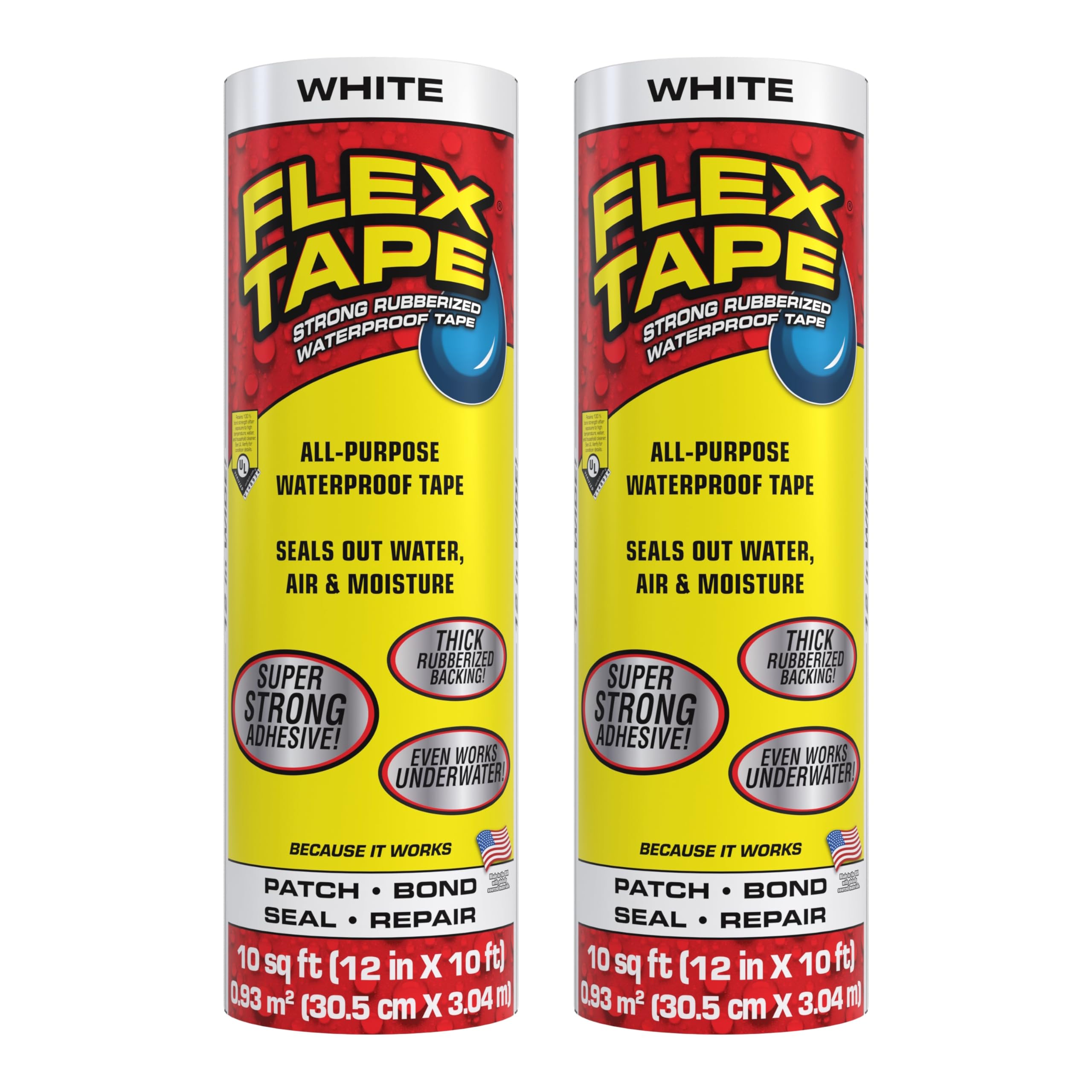Original Flex Tape, Thick Flexible Rubberized Waterproof Tape - Seal and Patch Leaks, Works Underwater, Indoor Outdoor - Home RV Roof Plumbing and Pool Repairs, White, 12 in x 10 ft, Pack of 2