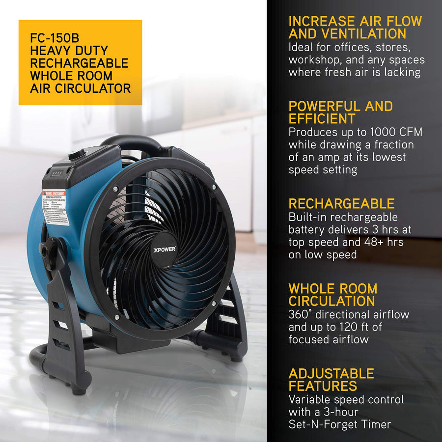 Portable XPOWER FC-150B High Velocity AC/DC Dual Power Operated Portable Rechargeable Battery 18,200mAh Utility Fan, Extended Air Flow, 1000 CFM