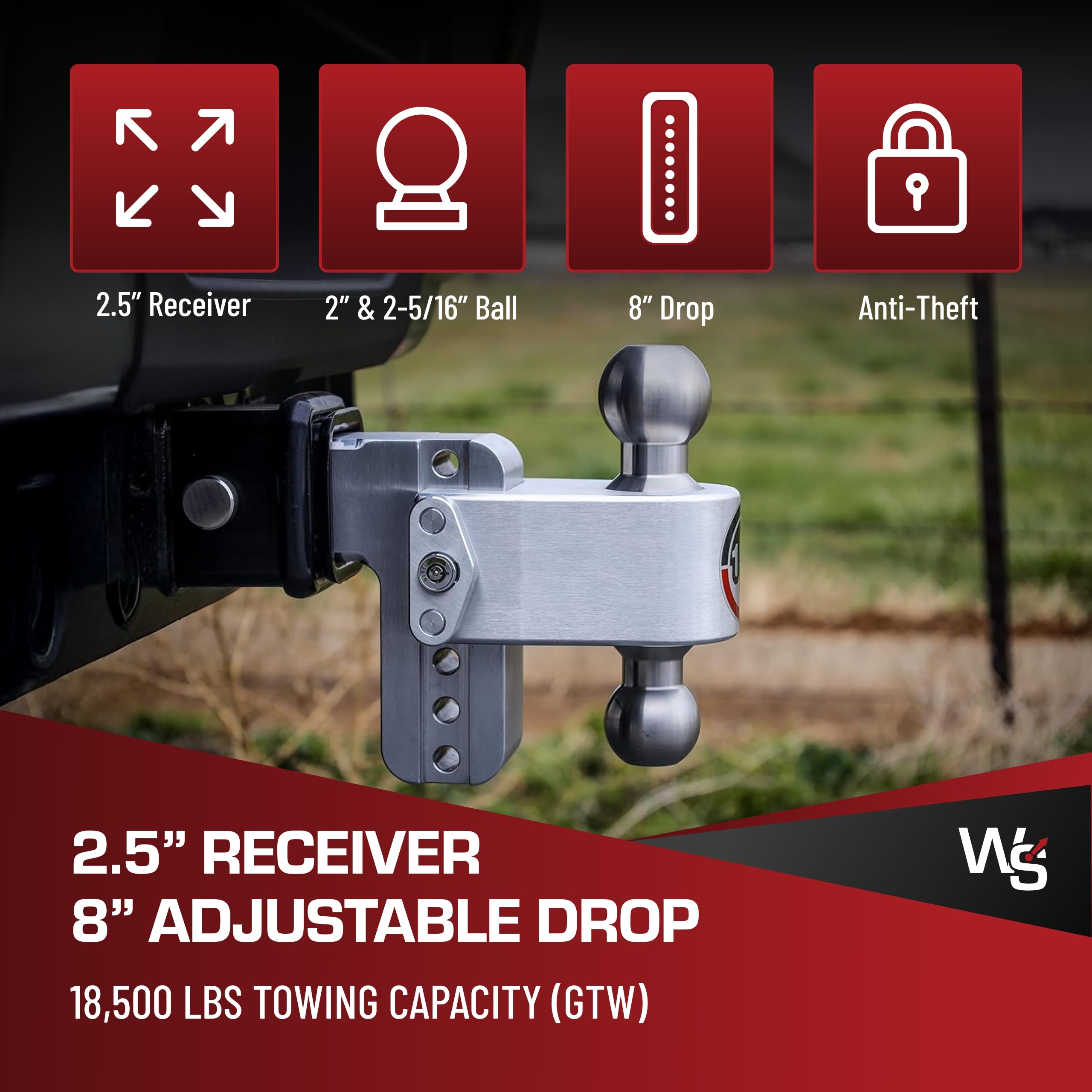 Weigh Safe Adjustable Hitch Trailer Ball Mount - 8" Adjustable Drop Hitch for 2.5" Receiver - Premium Heavy Duty Aluminum Trailer Tow Hitch w/ Stainless Steel Tow Balls (2" & 2 5/16") - 18,500 lbs GTW