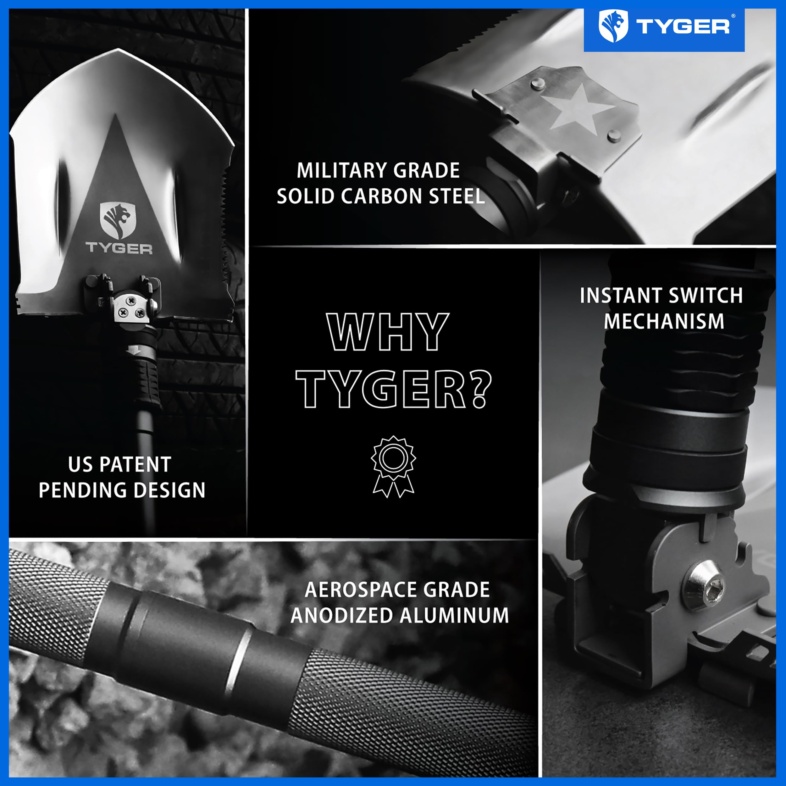 Tyger Auto Folding Shovel Military Heavy Duty TG-SV8U3217 Survival Shovel 16-in-1 Multitool Compact Camp Shovel with Bag for Camping, Hiking, Off-Roading, Outdoor, Tactical, Emergency