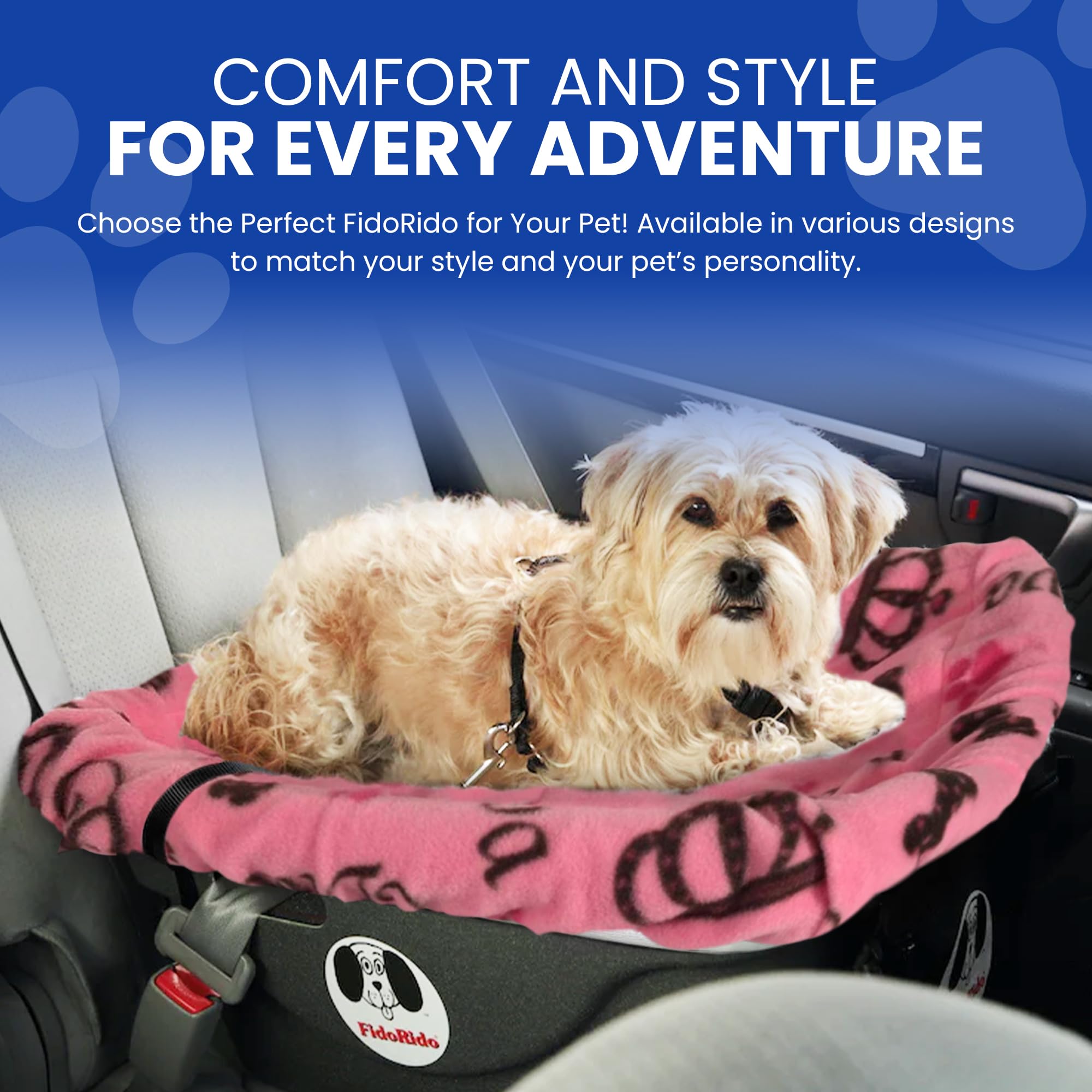 Dog Car Seat FidoRido - Booster Seat for Small to Large Dogs with Comfortable Cushions, Sherpa Cover, and Safety Straps, Easy to Install, Ideal for Travel, Pink Diva - Small Harness