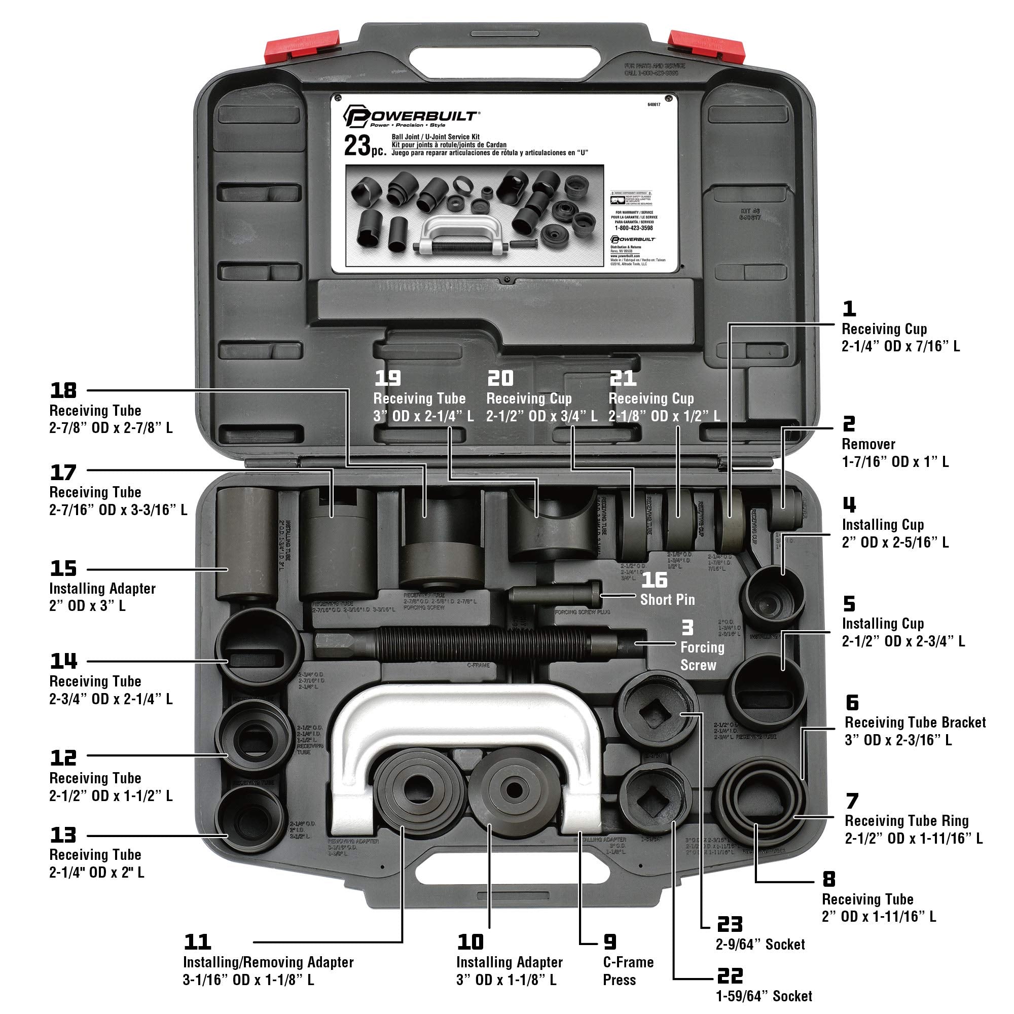 Powerbuilt Ball Joint and U Joint Service Set, 23 Piece Tool Kit, Remove and Install Ball Joints, Adapters, Receiving Tube, Sockets - 648617