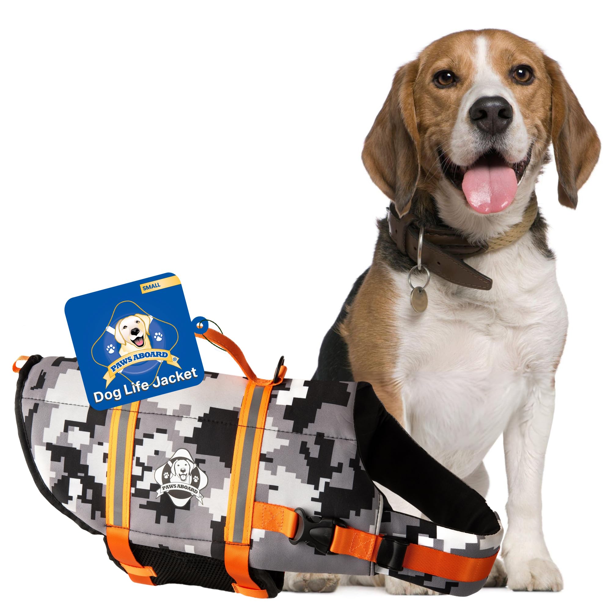 Dog Life Jacket Paws Aboard - Swimming Vest for Dogs, Adjustable, Reflective, Comfortable, Multiple Colors, Patterns, XX-Small to Extra Large Dog Swim Vest with Handle (Grey Camo/Orange, Small)