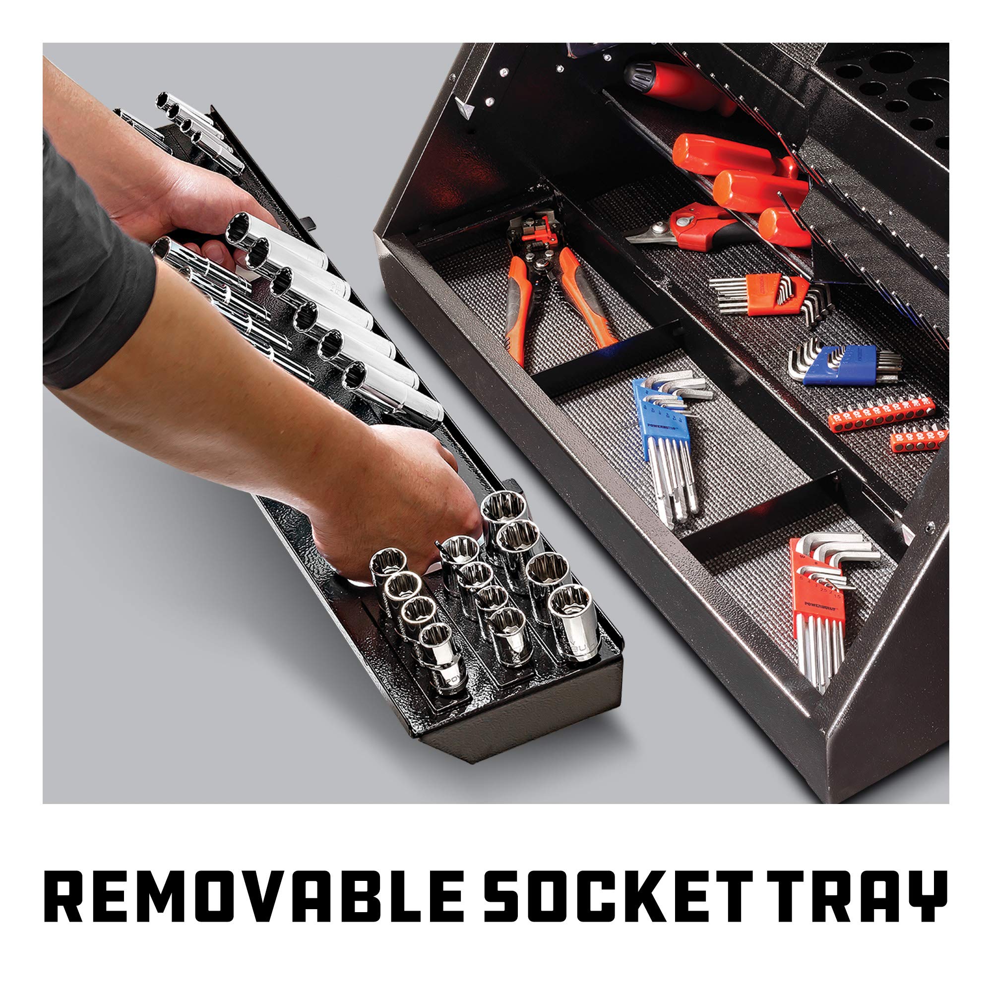 Powerbuilt 26 Inch Rapid Portable Slant Front Toolbox Tiered Tool Holders, 16 Gauge Steel, Weather-Resistant Lockable Magnetic Lid, Grey - 240102