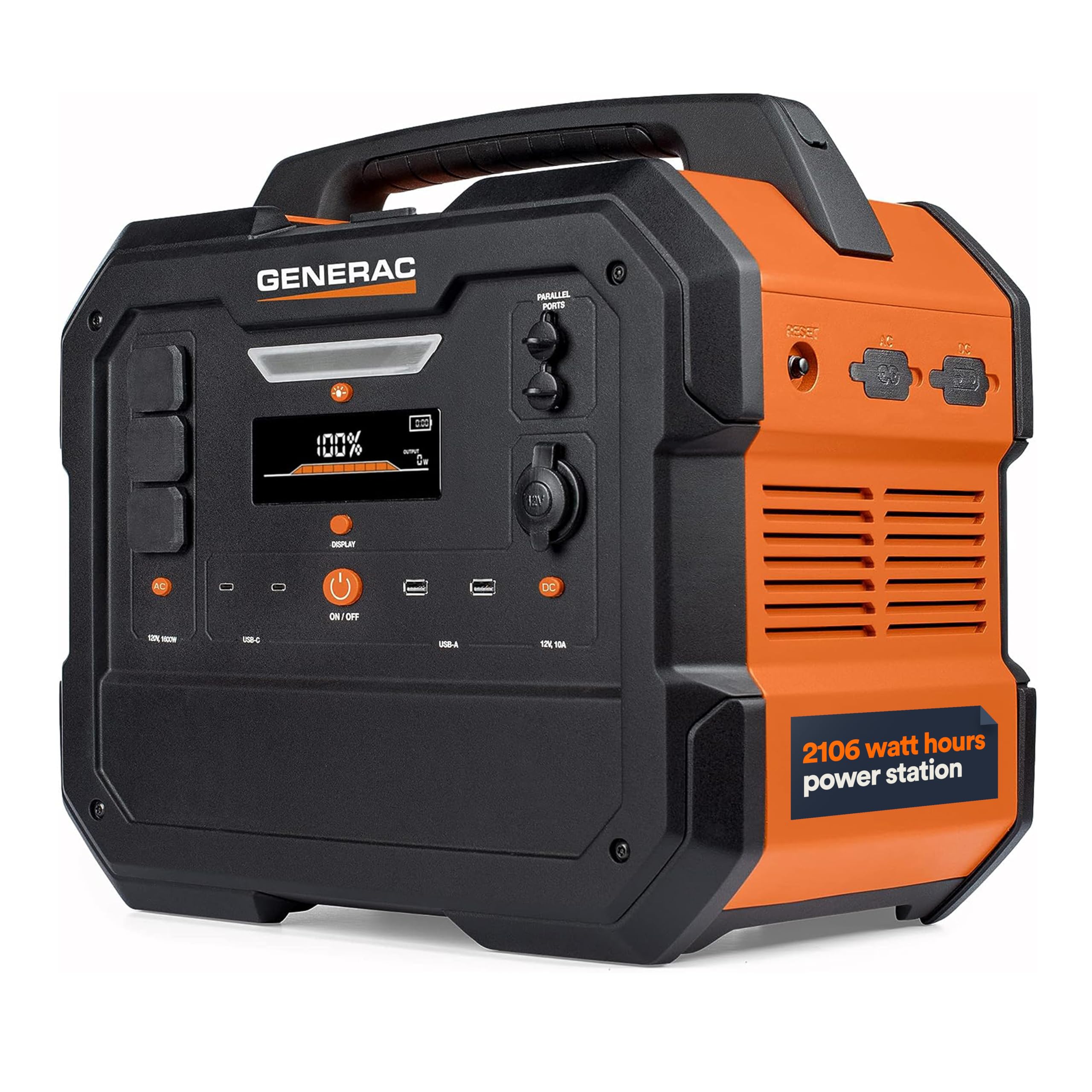 Portable Power Station Generac 2106Wh with Lithium-Ion Battery - Clean, Emission-Free Power - Wirless Charging Pad and Compact Design - Camping, RV, Indoor/Outdoor Use - Orange/Black