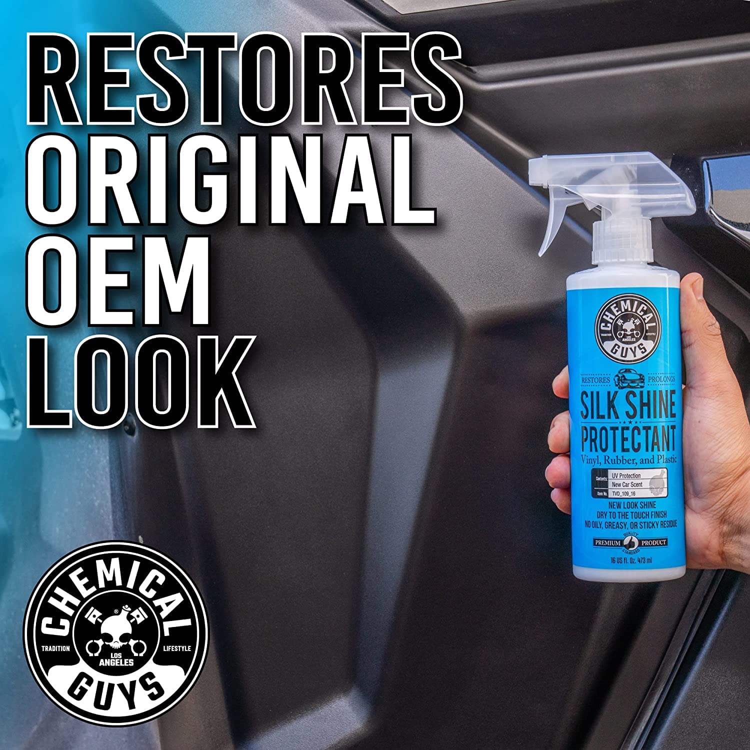 Chemical Guys Tire and Trim Dressing and Protectant Silk Shine – Non-Greasy Vinyl, Plastic & Rubber Spray, Plastic Restorer for Cars – Restores Shine for Cars, Trucks, Motorcycles, RVs, 16 fl oz