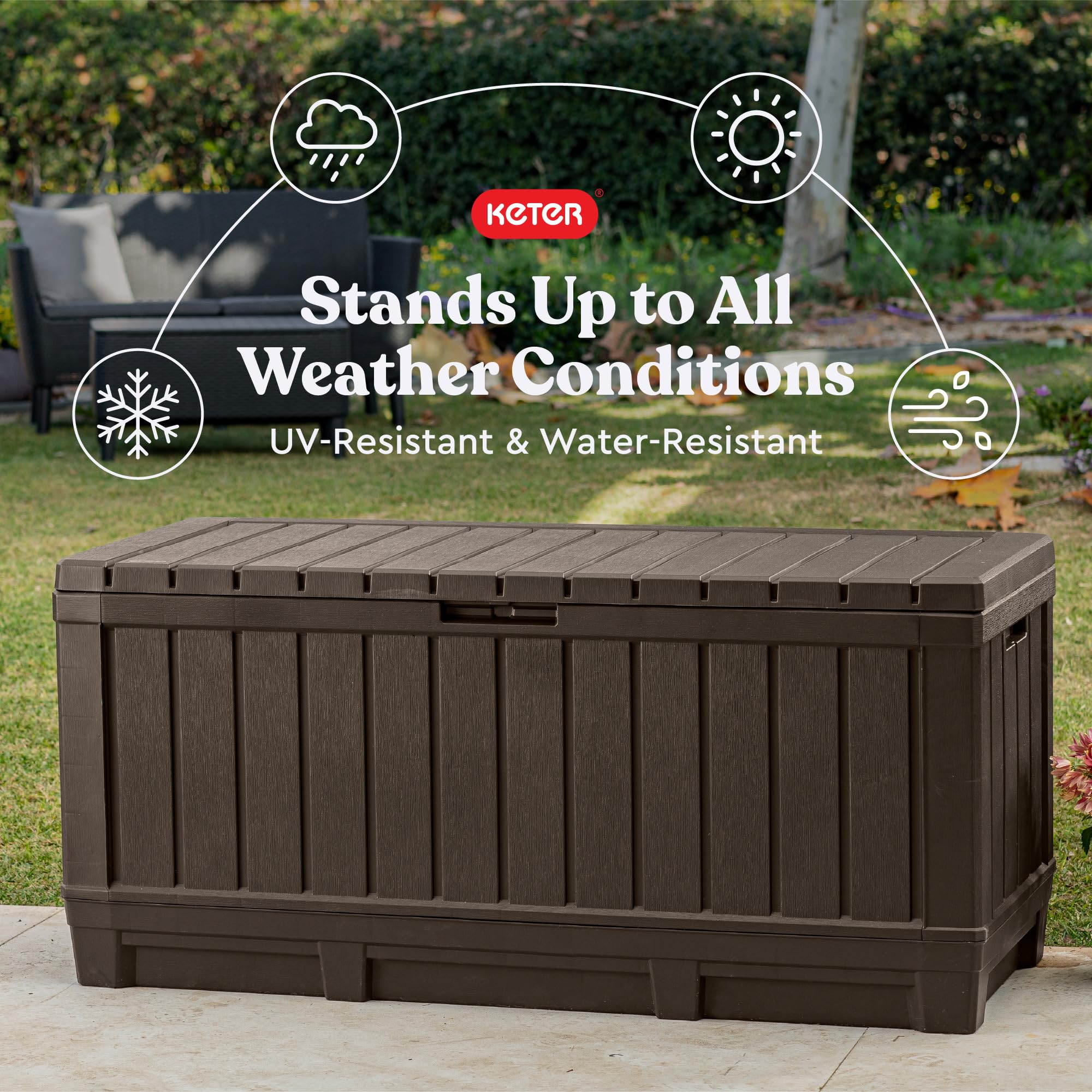 Keter 92 Gallon Kentwood Resin Deck Box-Organization and Storage for Patio Furniture Outdoor Cushions, Throw Pillows, Garden Tools and Pool Floats, Brown