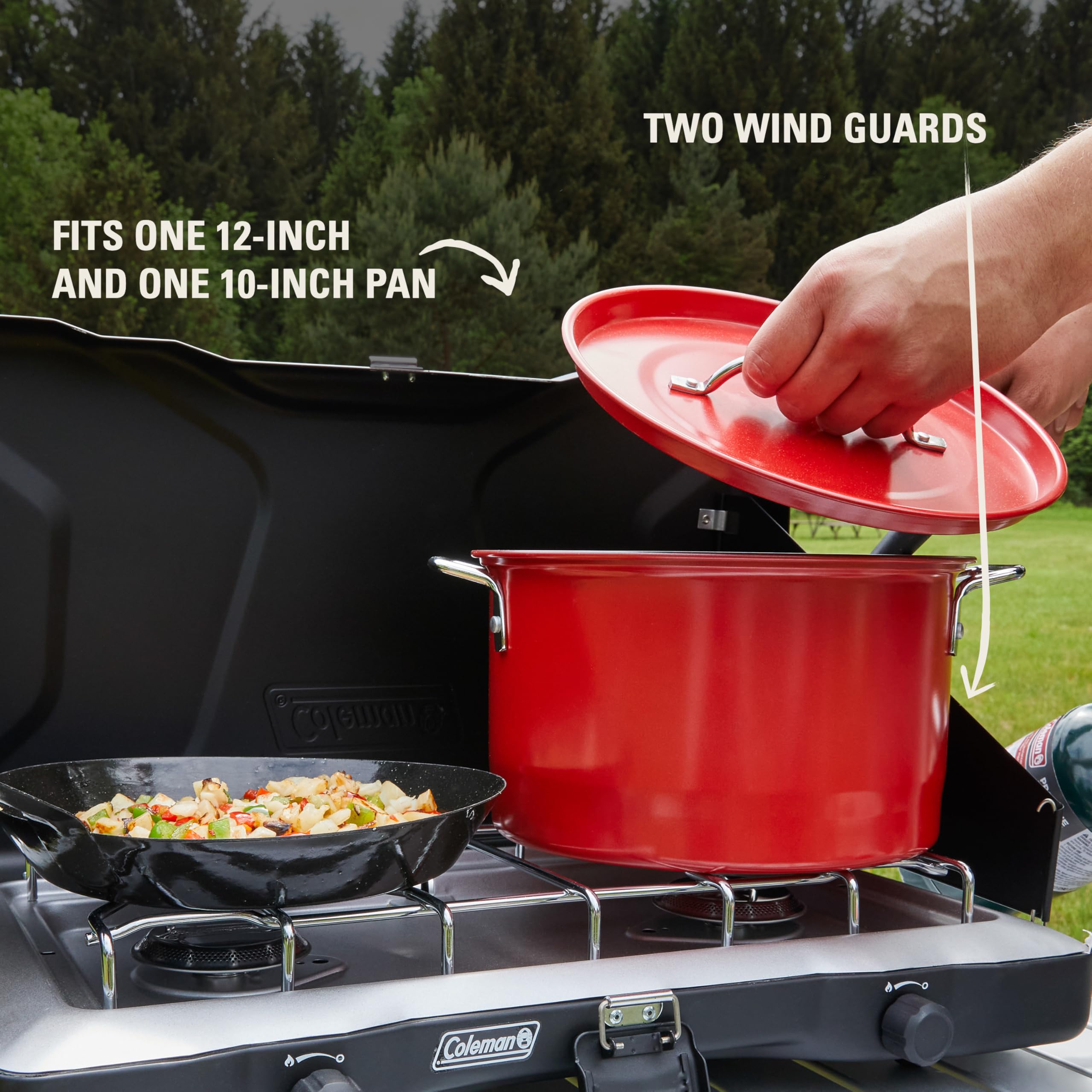Triton+ Coleman 2-Burner Propane Camping Stove with InstaStart Ignition, Portable Camping Cooktop with 2 Adjustable Burners & Wind Guards, 22,000 BTUs of Power for Camping, Tailgating, Grilling