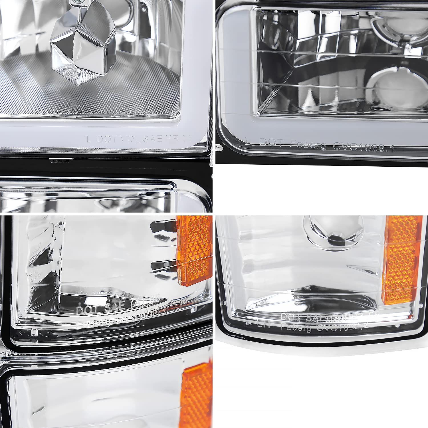 Chrome Headlights + Bumper Lights + Corner Lights w/LED Tube SPEC-D TUNING Compatible with 1994-1998 Chevy C10 C/K 1500/2500/3500, Left + Right Pair Headlamps Assembly