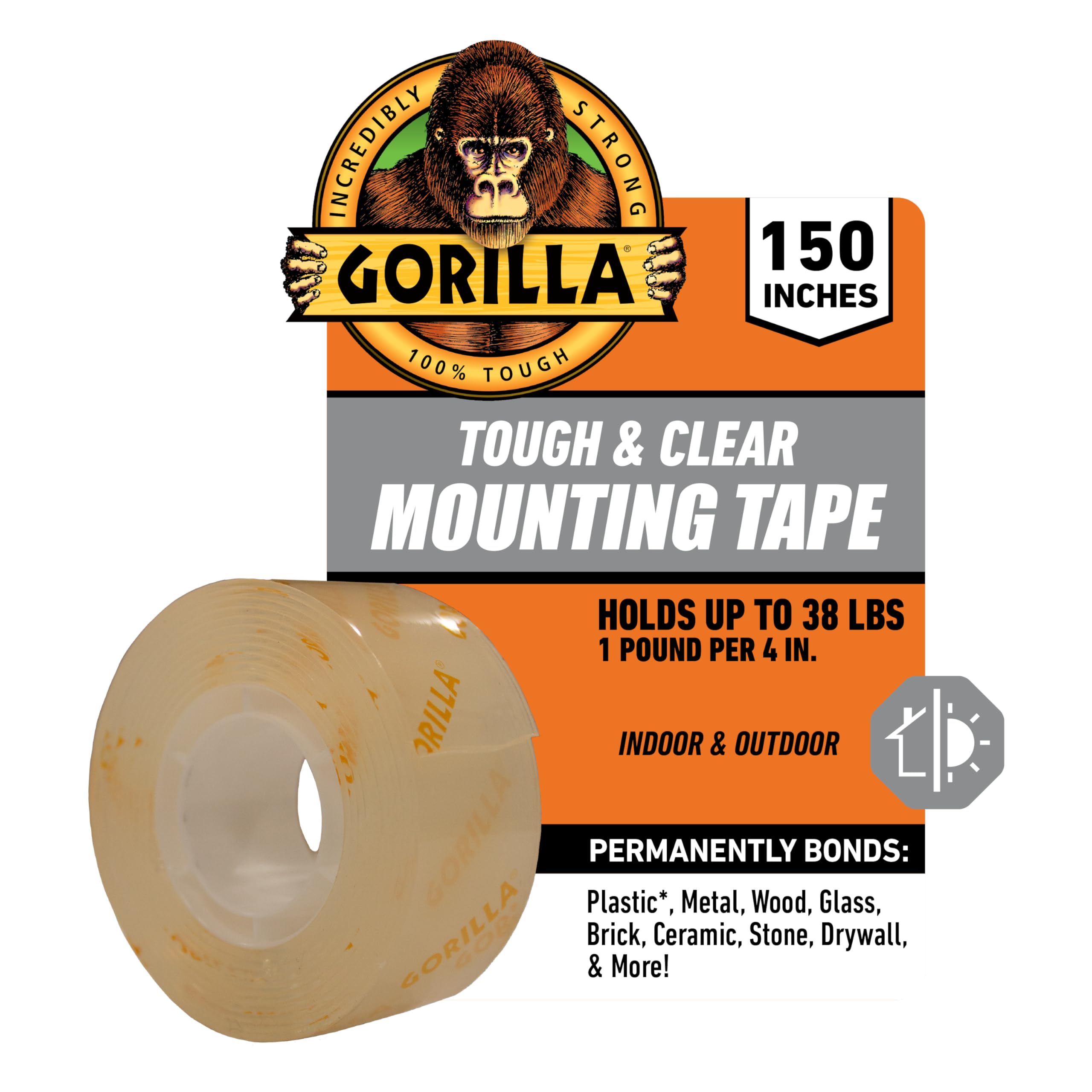 Gorilla Double Sided Tough & Clear Mounting Tape, Clear Tape, 1" x 150" (Pack of 1) - Weatherproof for Indoor or Outdoor