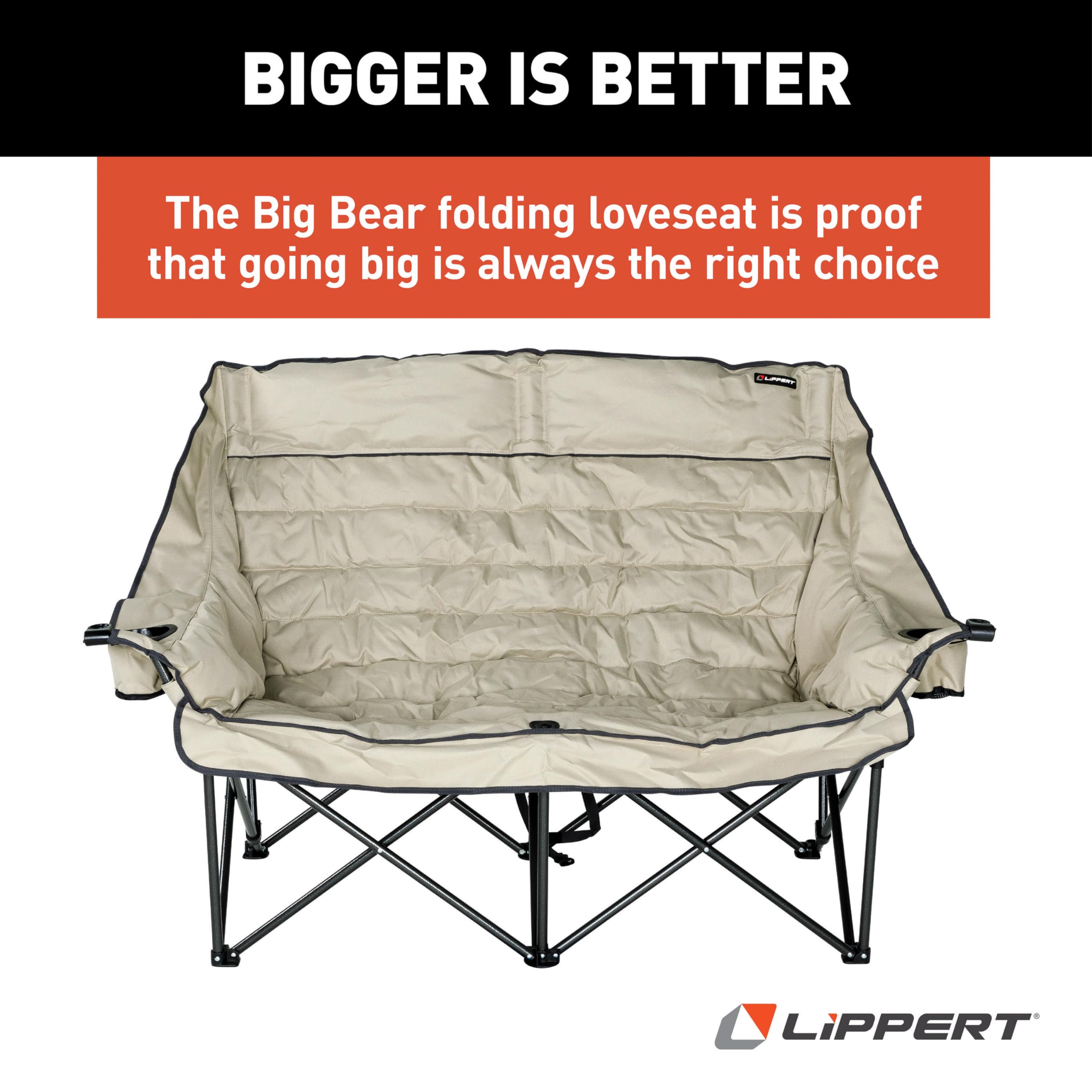 Lippert Big Bear Folding Camping Loveseat with 500-lb. Weight Capacity, Durable Mesh Fabrics, High-Loft Cushioning, Dual Cupholders, Storage Pocket, Zippered Carrying Bag - 2023053718