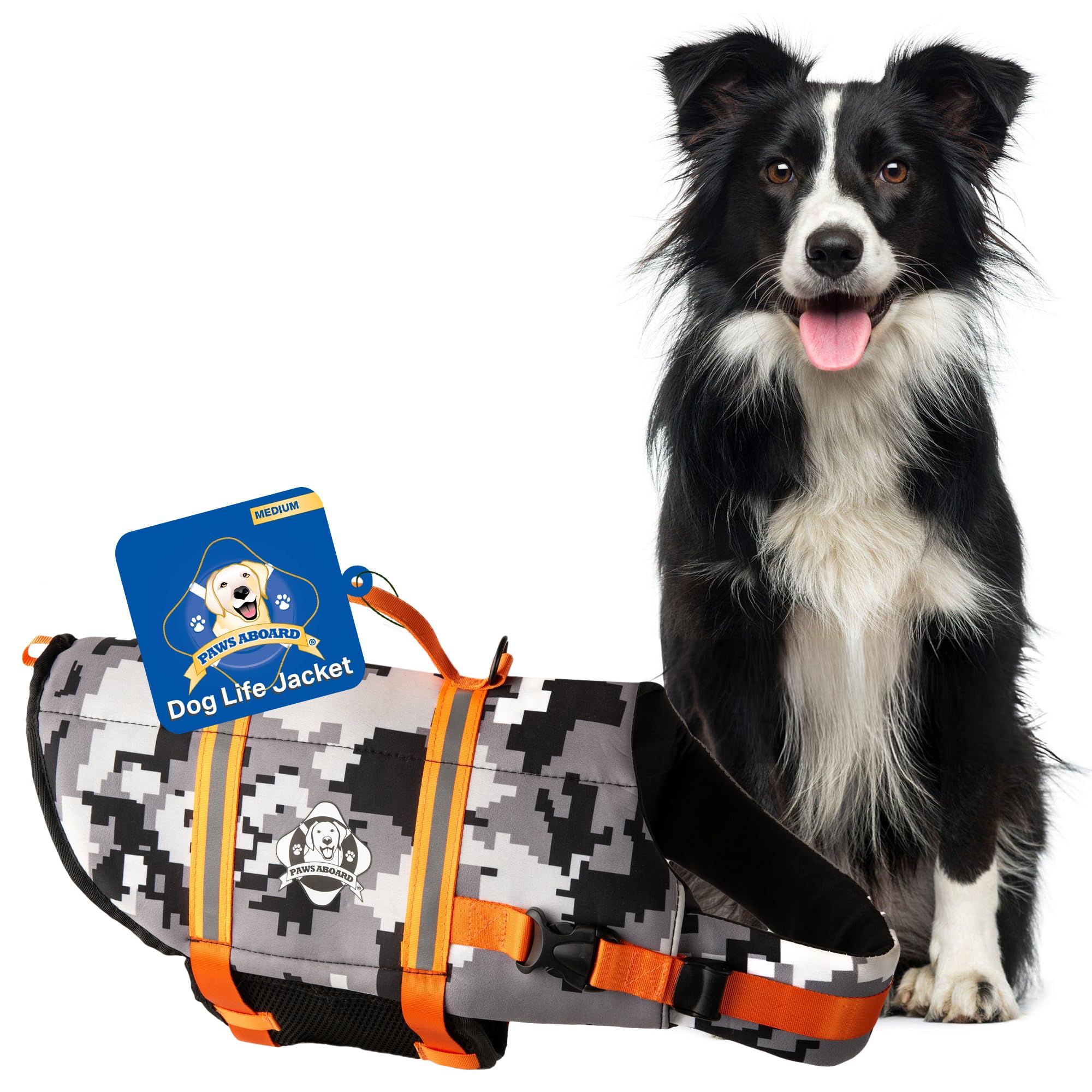 Dog Life Jacket Paws Aboard - Swimming Vest for Dogs, Adjustable, Reflective, Comfortable, Multiple Colors, Patterns, XX-Small to Extra Large Dog Swim Vest with Handle (Grey Camo/Orange, Medium)