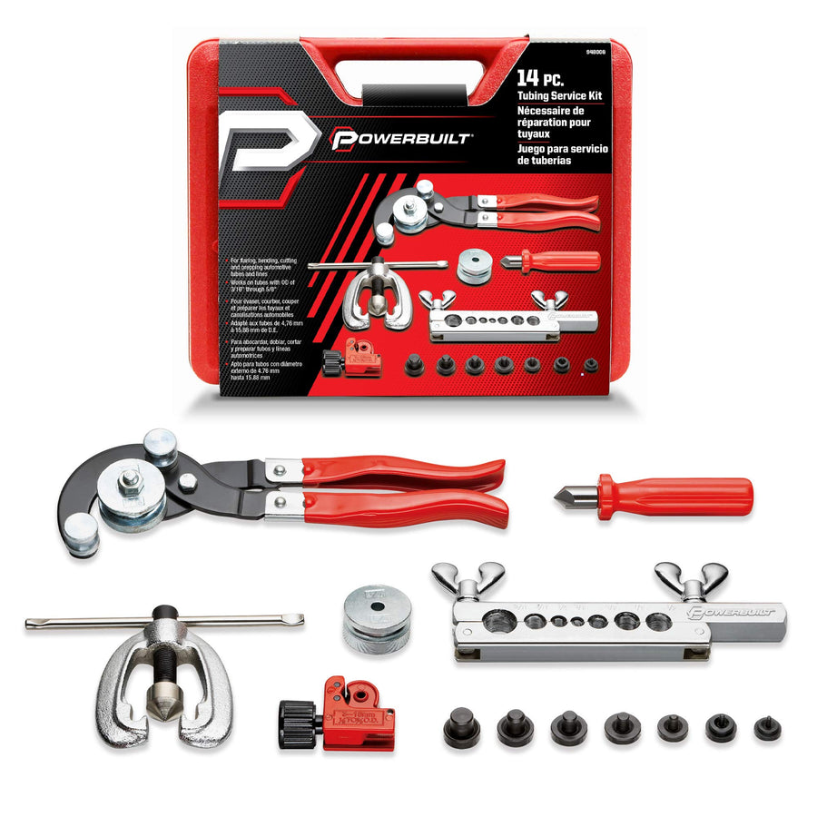 14 Piece Powerbuilt Master Tubing Service Kit, Cutting, Bending, Flaring Metal Tubes, HVAC, Car Repair, Plumbing, Electrical Tool Set - 948006