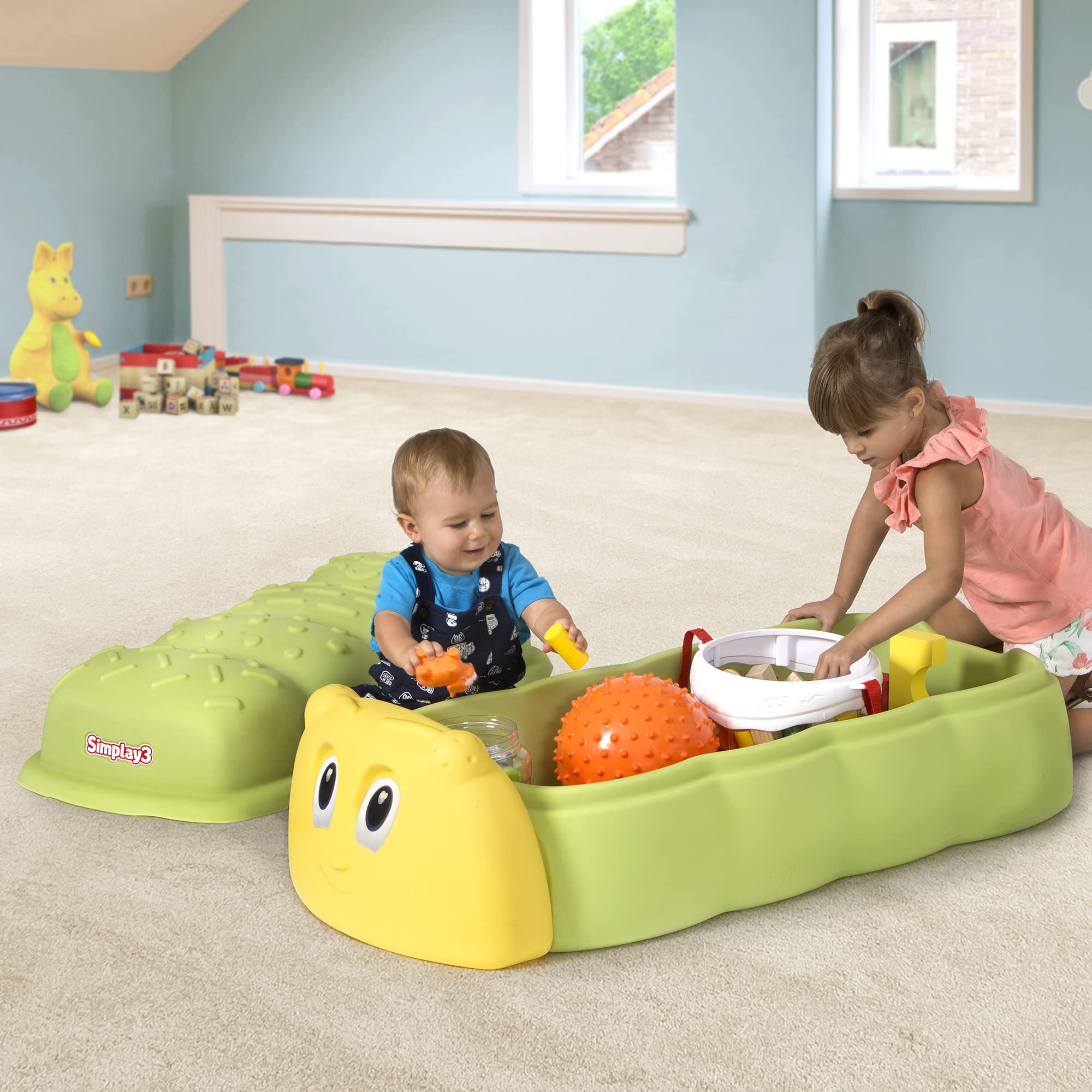 Caterpillar Sandbox - Green Kids Plastic Sandbox with Lid for Outdoor Play and Indoor Sensory Play
