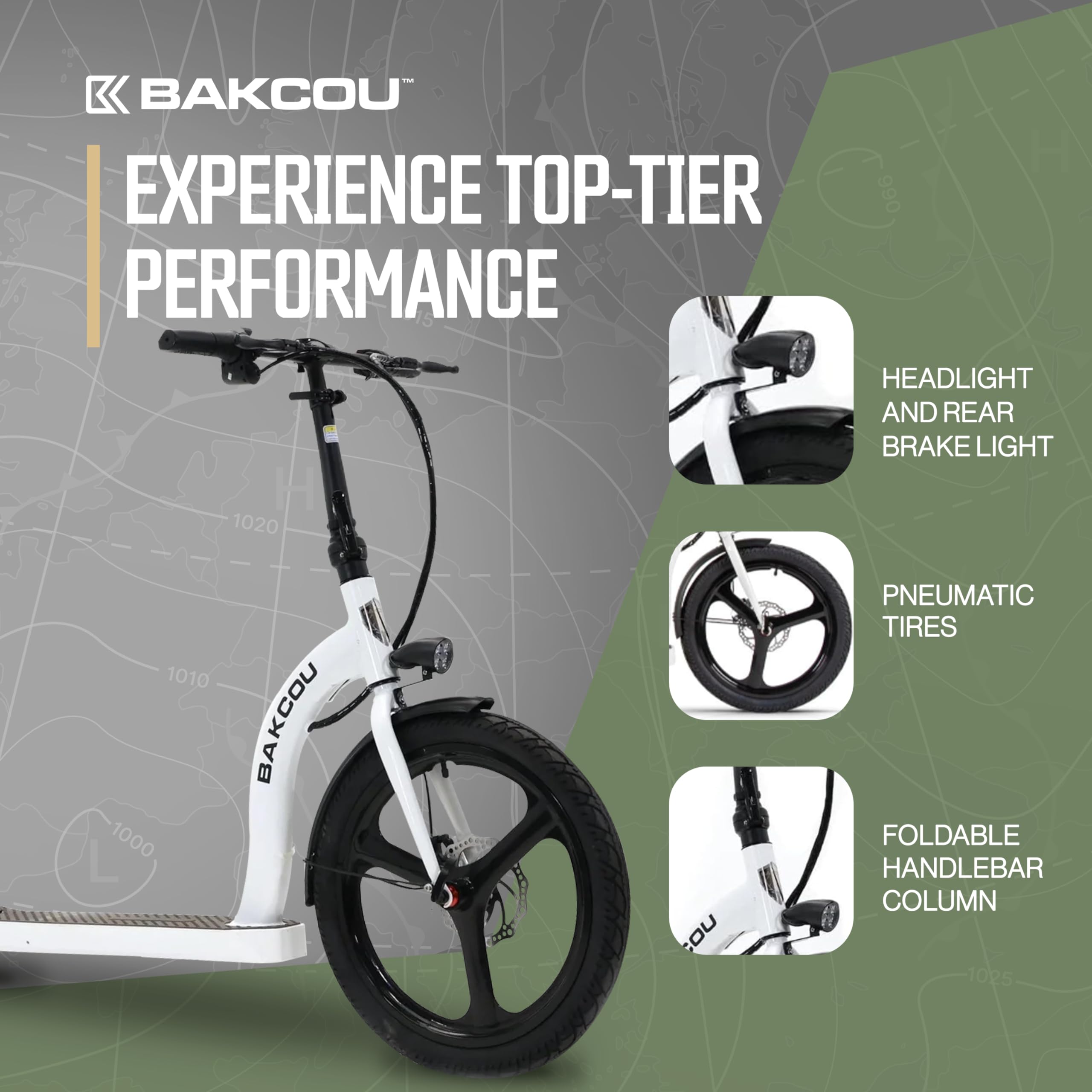 Bakcou - Electric Scooter Foldable Badger with Seat - Gloss White - 350W Motor 36V Battery, Large Wheels, Disc Brakes with Lights, Horn & Charger
