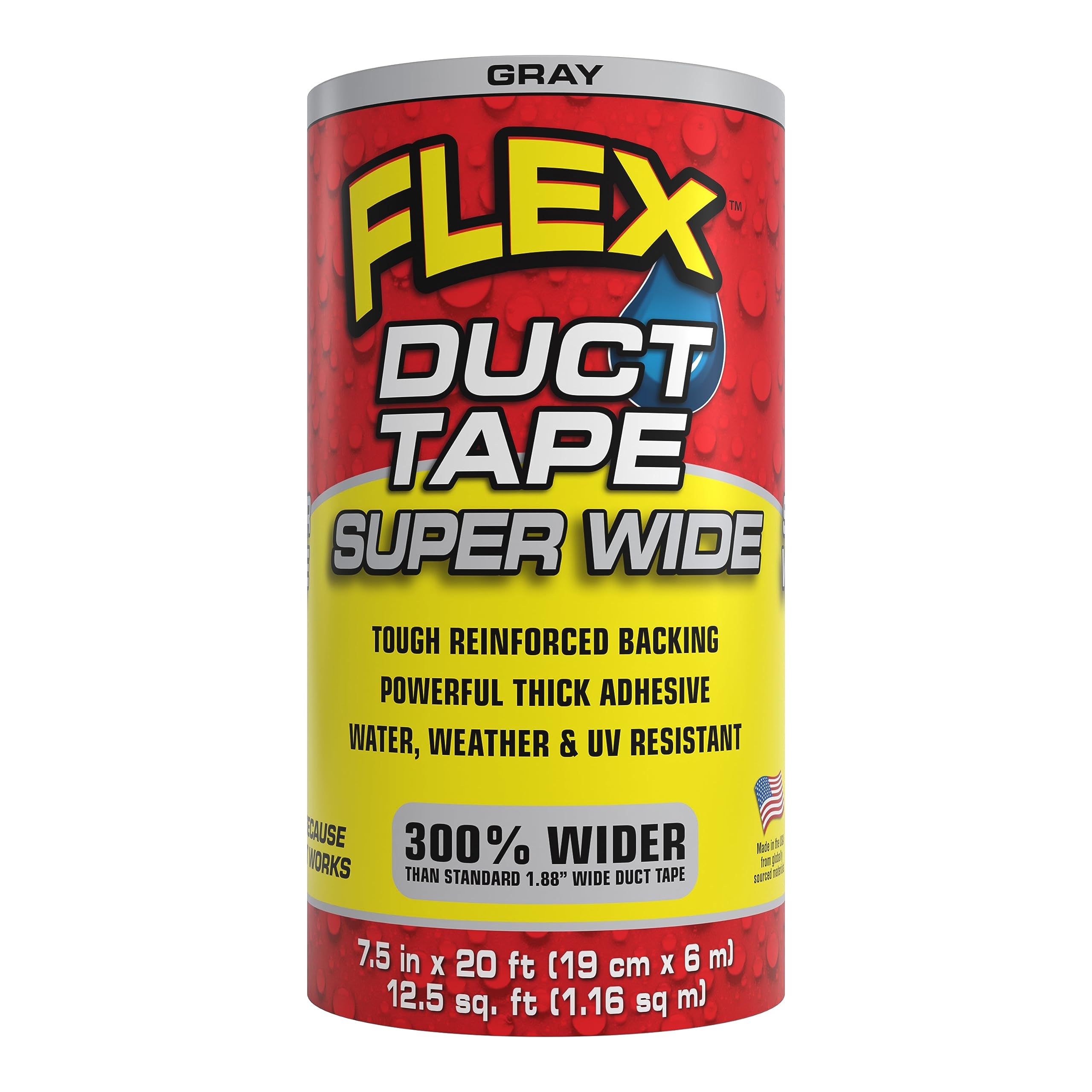 Super Wide Flex Duct Tape, 7.5 Inches x 20 Feet, Gray, Heavy Duty Strong, Multi-Surface, Water, Weather and UV Resistant, Tearable, Perfect for Boxes, No Residue