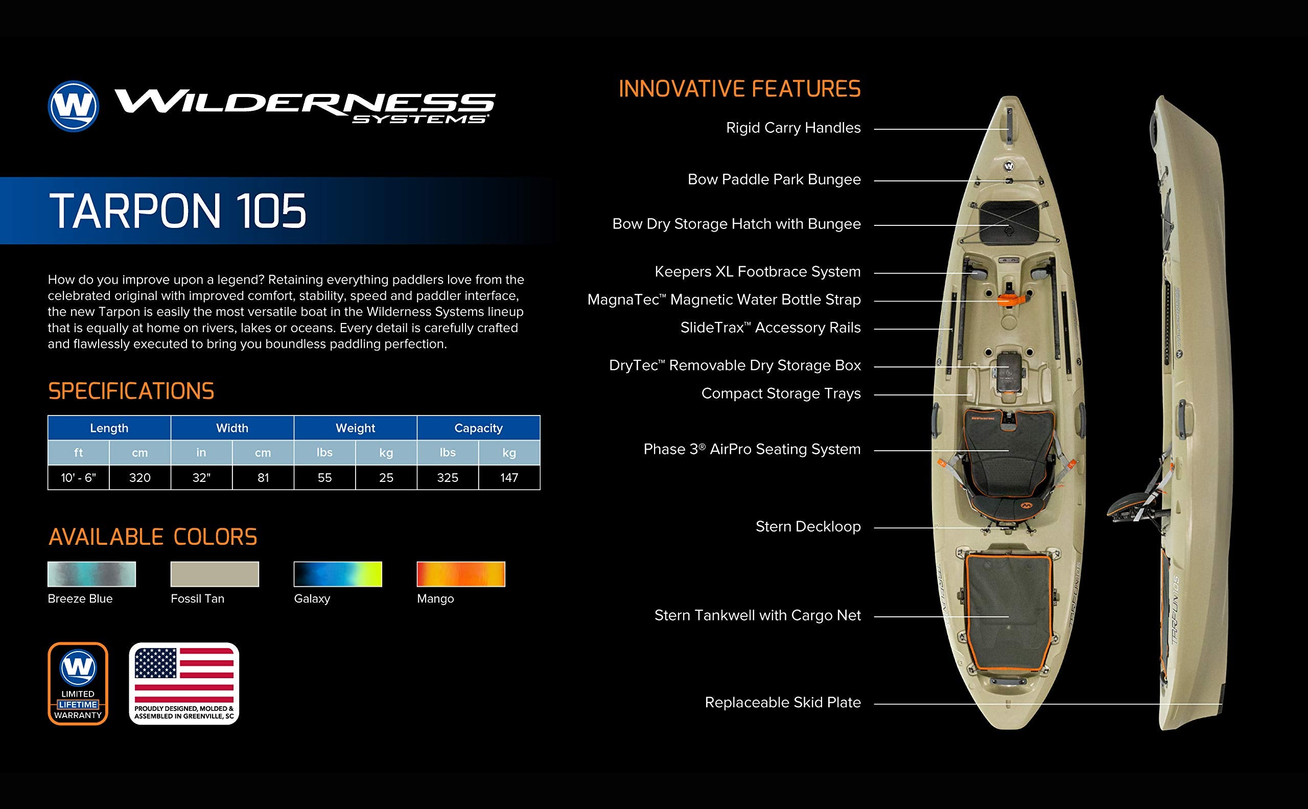Tarpon 105 Wilderness Systems | Sit on Top Fishing Kayak | Premium Angler Kayak | 10' 6" | Mango