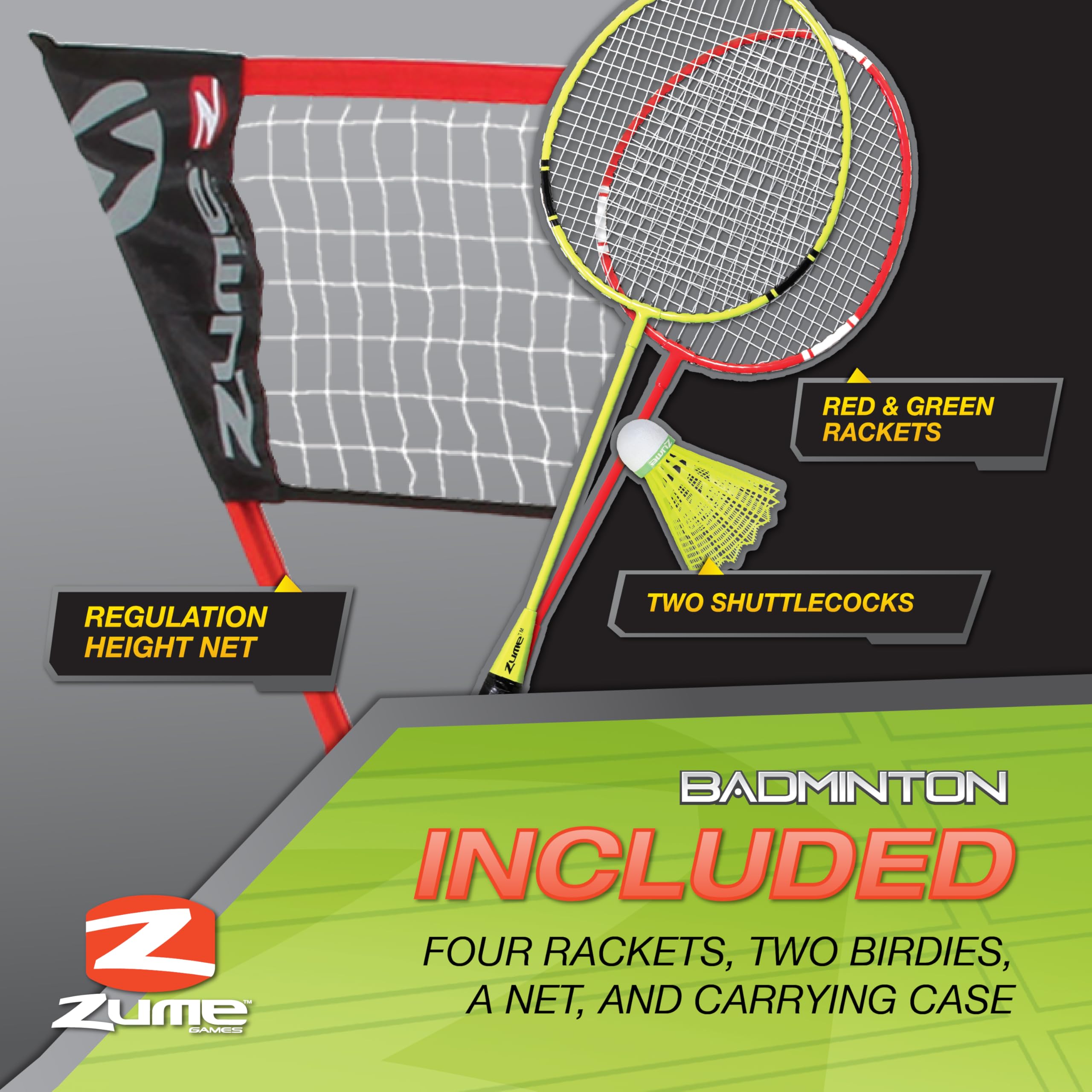 Zume Games Badminton Set Portable with Net, 4 Rackets, Shuttlecocks & Carrying Case – Outdoor Lawn Game for Backyard, Beach, or Park – Easy Setup, No Tools Required