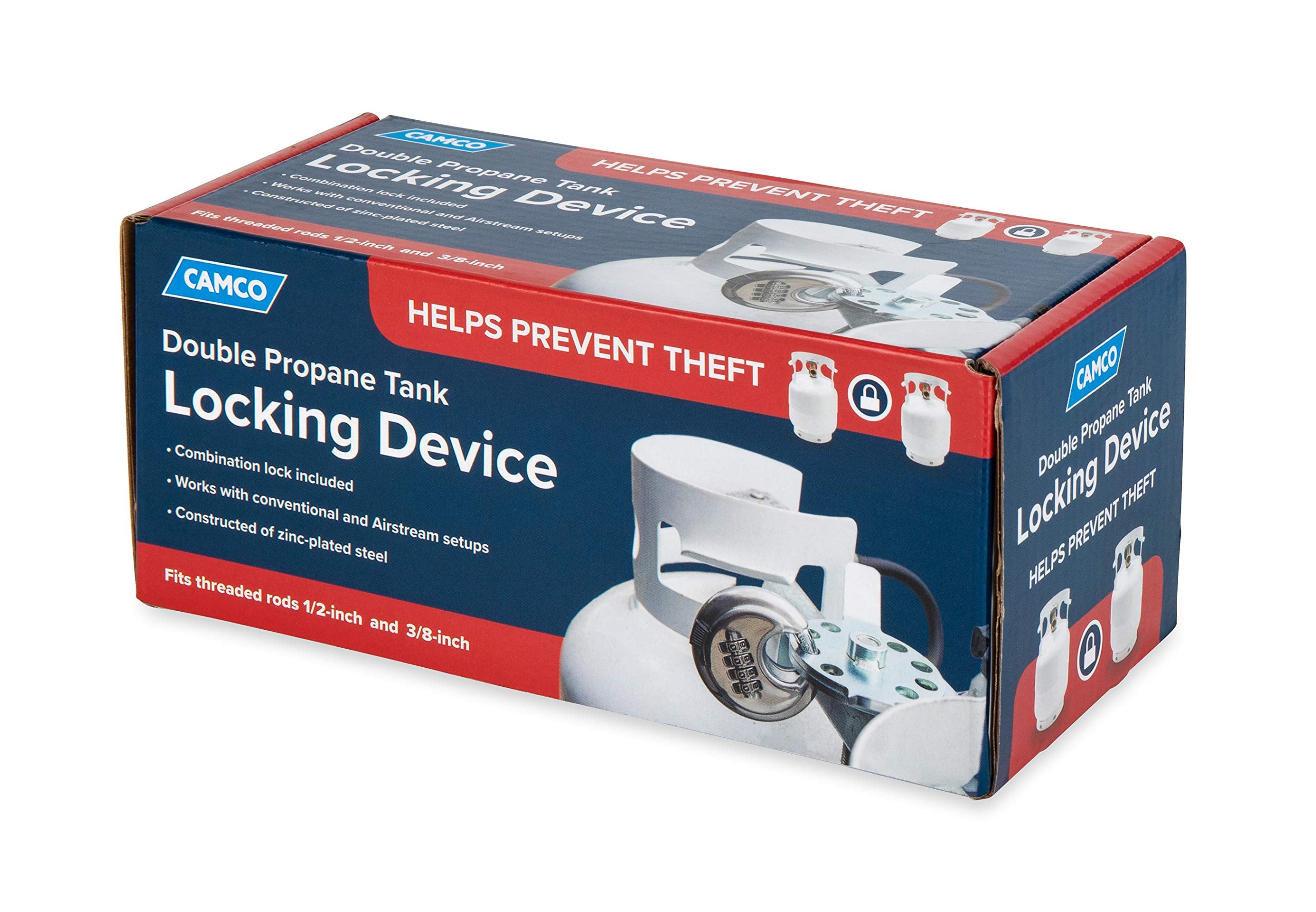 Camco Locking Device Double Propane Tank | Safely Secures (2) Propane Tanks to Your RV for Theft Prevention | Lock Included | Works with Conventional and Airstream Setups (40590)