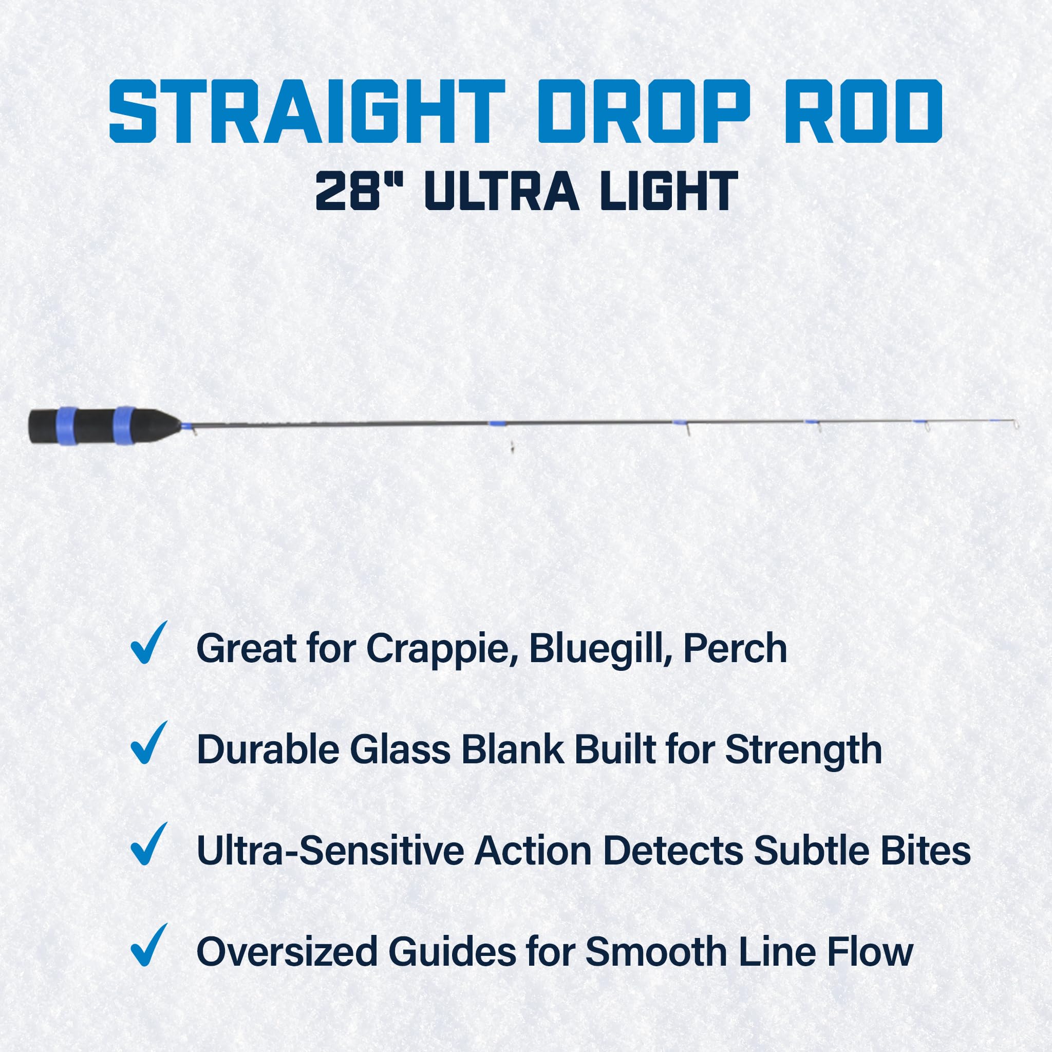 Outdoors CLAM Straight Drop 28” Ice Fishing Rod – Ultra-Light Action, Tough Glass Blank, Extreme Sensitivity, Oversized Fly Guides