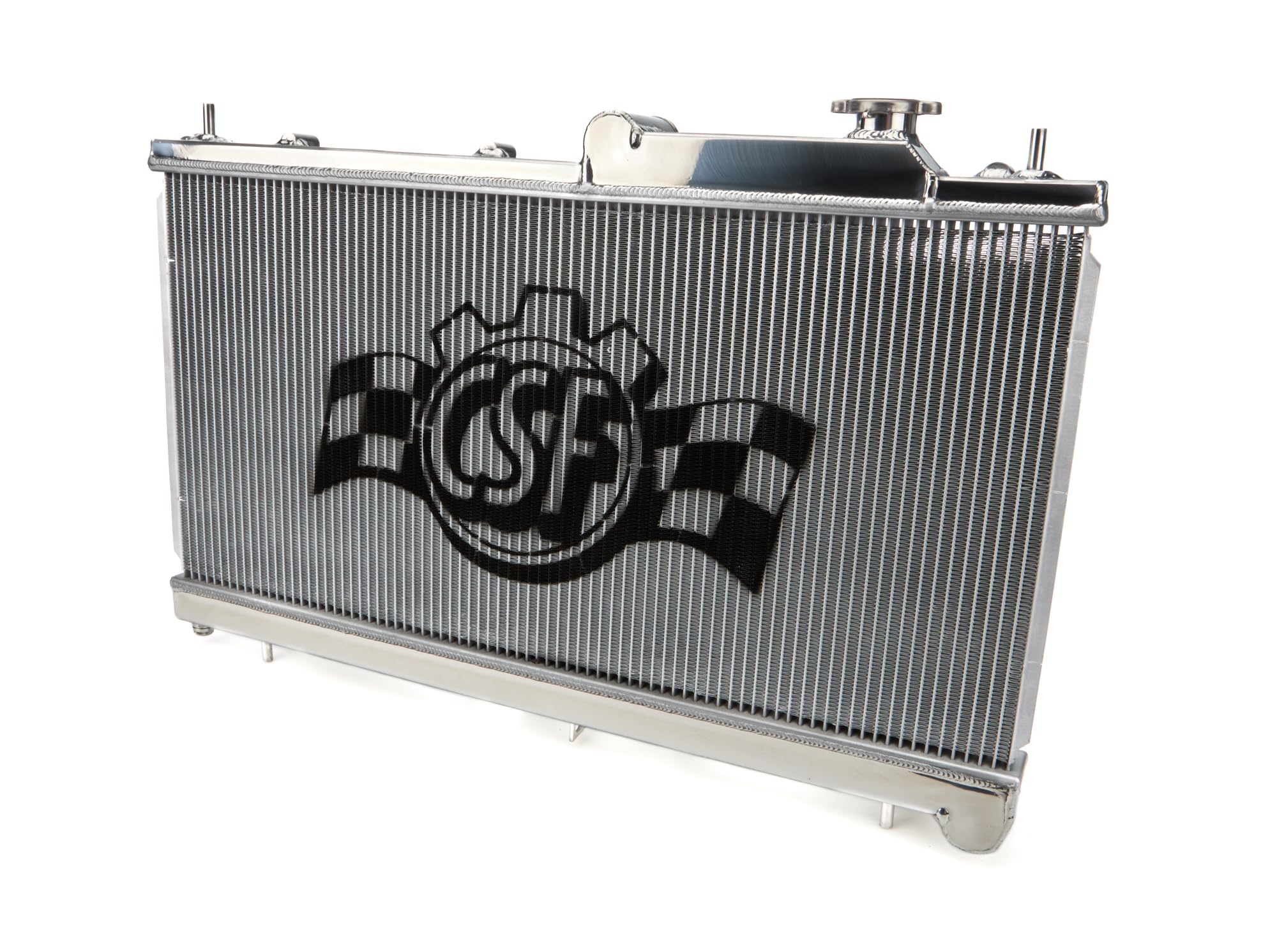 CSF Radiator, 27.125 in W x 1.25 in D x 13.438 in H, Single Pass, Top Center Inlet, Driver Side Outlet, Aluminum, Polished