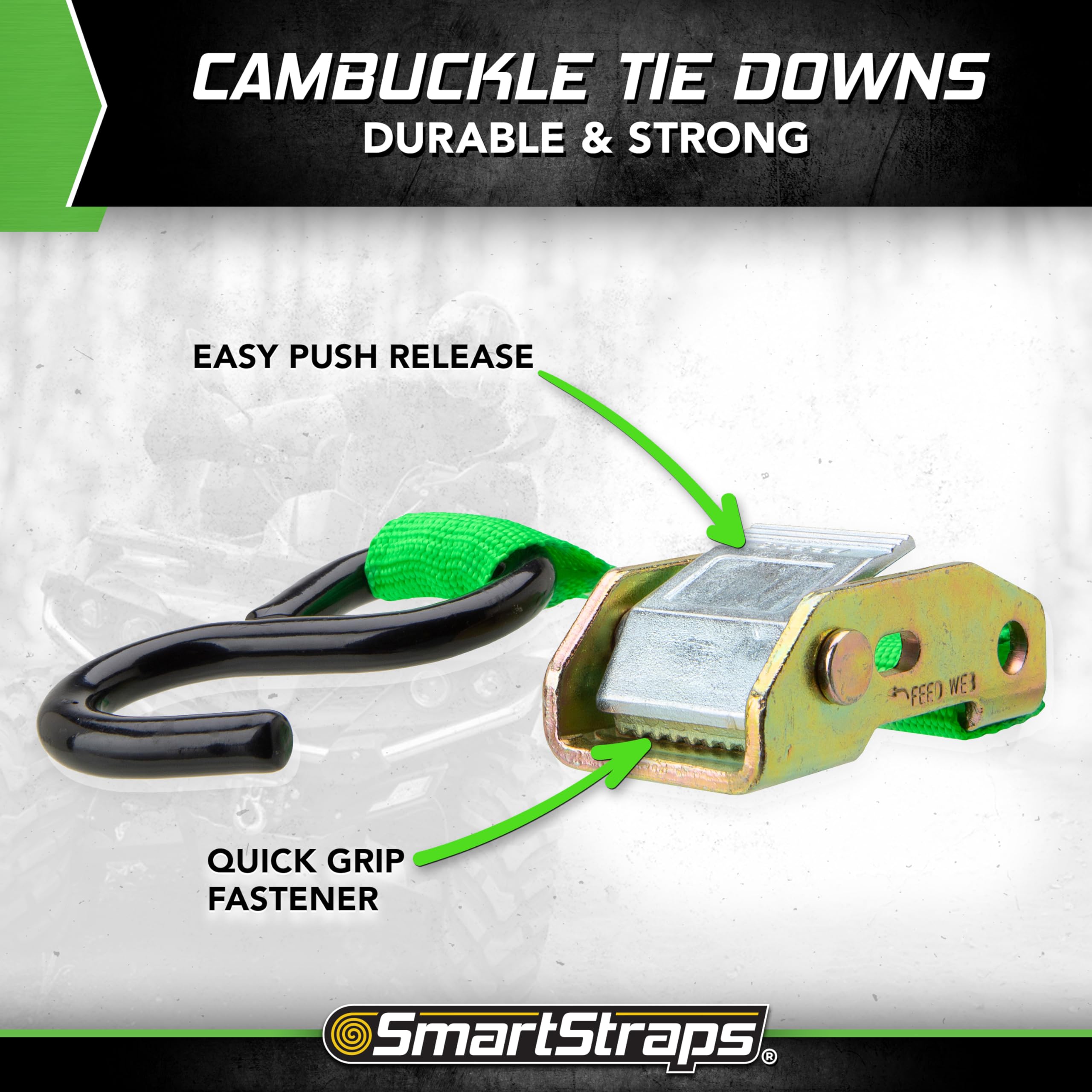 10-Foot SmartStraps Cambuckle (4pk) 900 lbs Break Strength, 300 lbs Safe Work Load– Tie Down Fragile and Lighter Loads for Transport – Offers More Security Than Rope