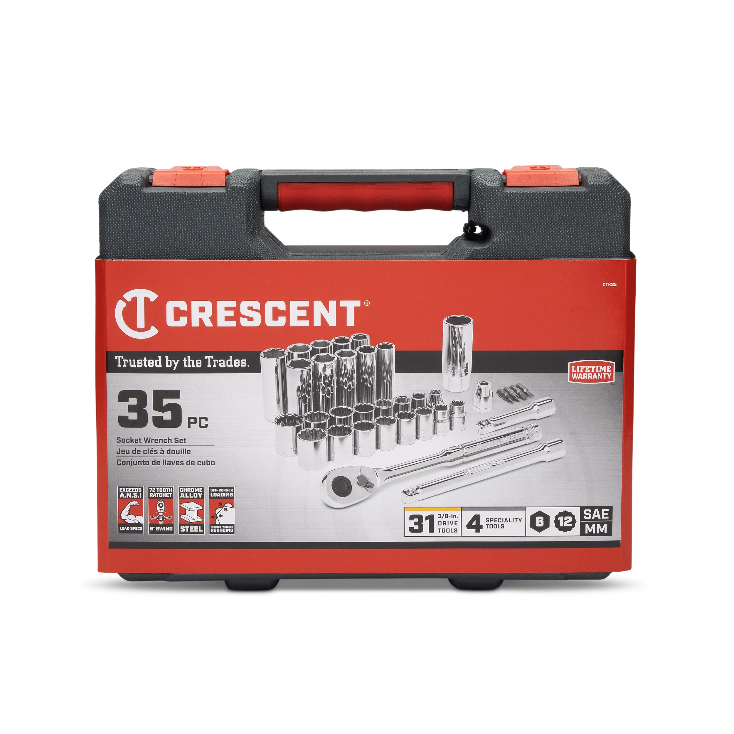 Crescent 35 Piece 6 and 12 Point 3/8" Drive Standard & Deep SAE/Metric Mechanics Tool Set - CTK35