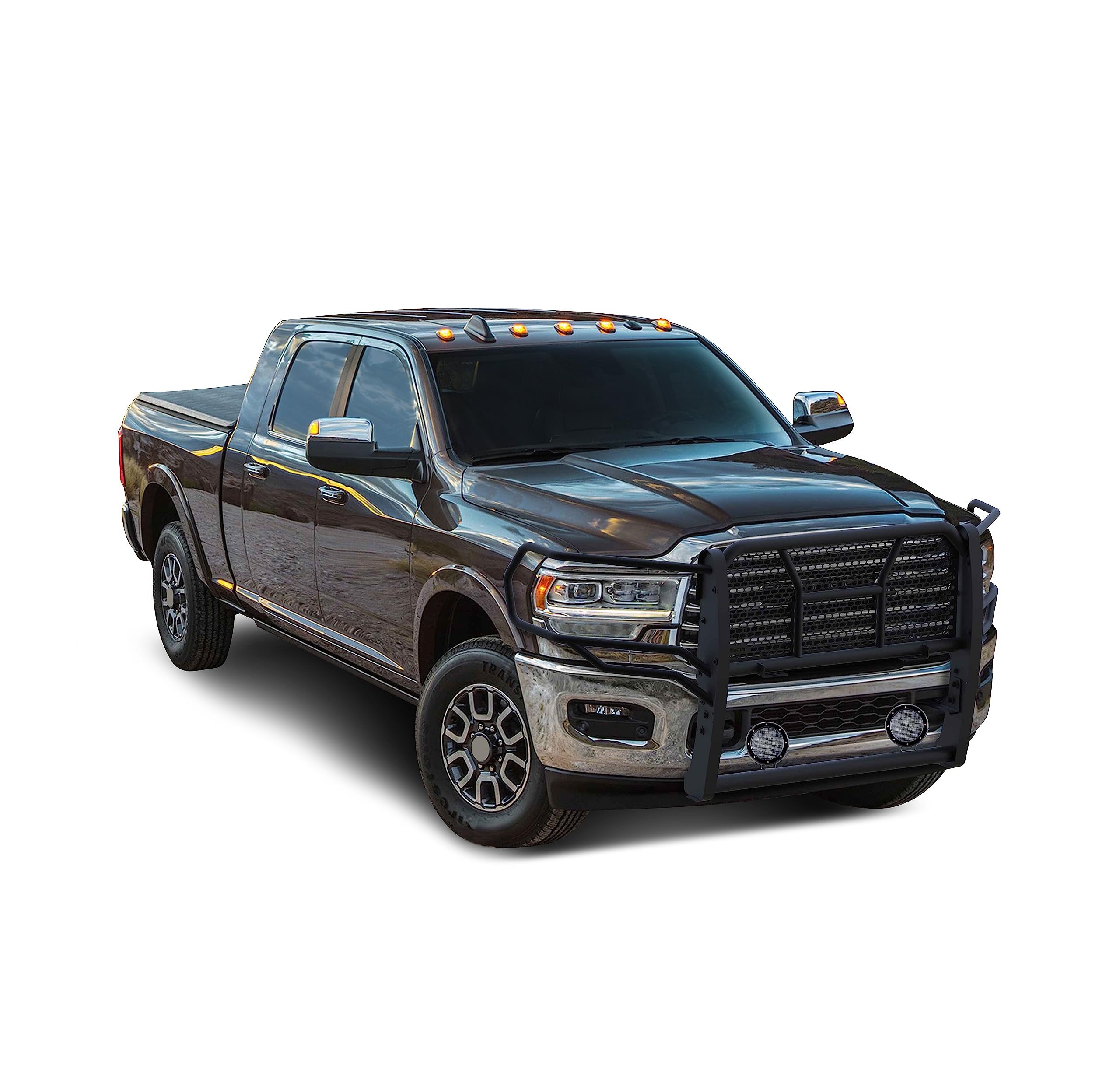RUGGED Black Horse Heavy Duty Grille Brush Bumper Guard Modular Black Come with Pair of 5.3" Dia.LED Lights with Black Trim Rings Compatible with 2019-2024 Ram 2500|2019-2024 Ram 3500-RU-DORA20-B-PLFB