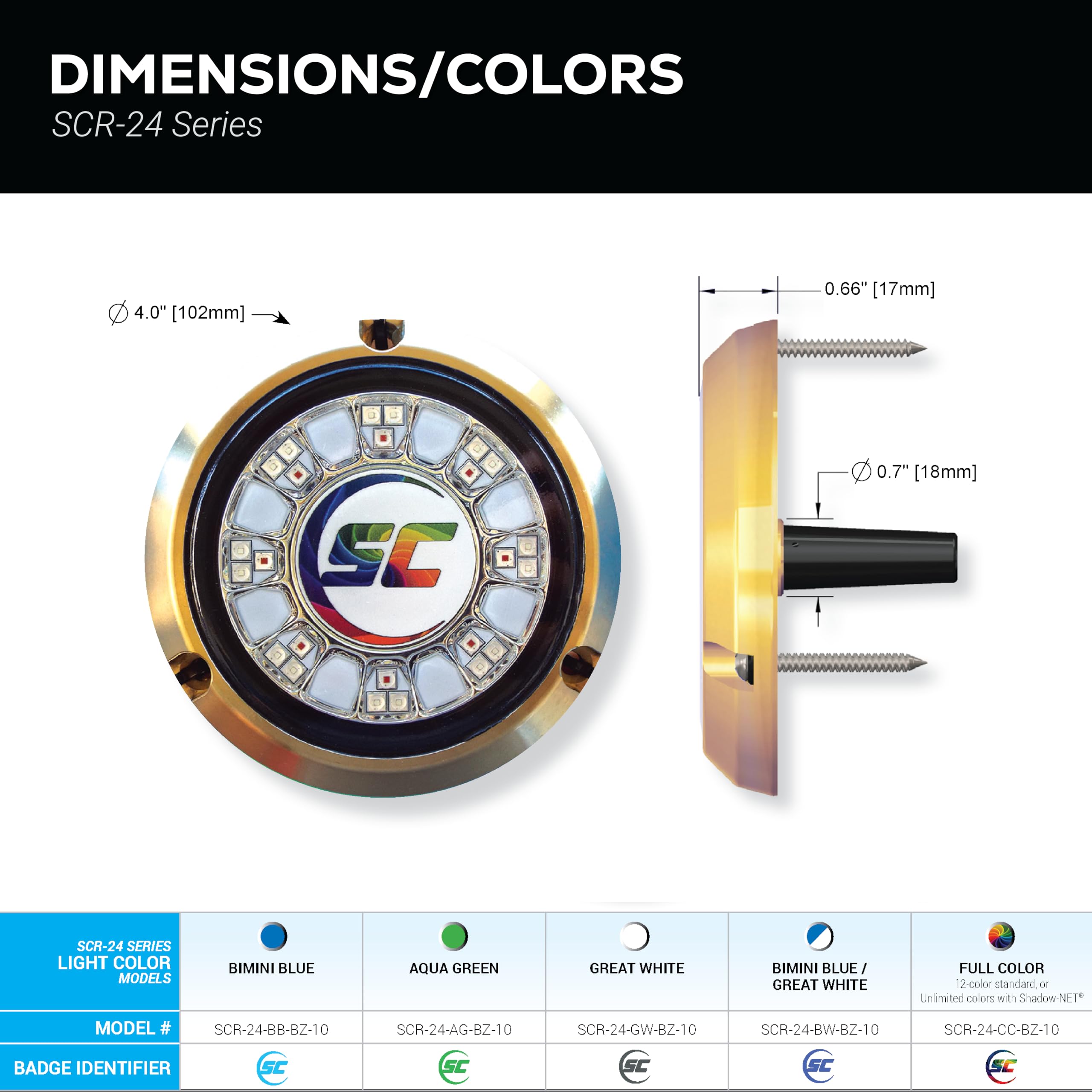 shadow-caster LED Underwater Boat Light SCR-24 - Dual Color Blue/White Combo - Bronze Housing - 90W Surface Mount - Tempered Glass Lens - IP68 Fully Submersible Waterproof