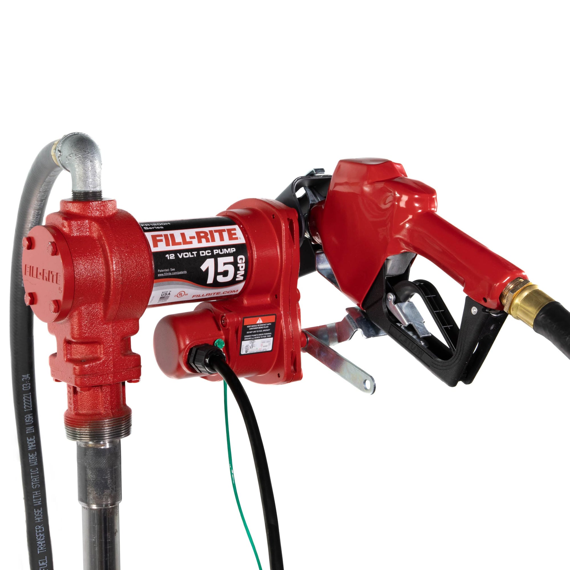 Fill-Rite 12V FR1210HA 15 GPM Fuel Transfer Pump with Discharge Hose & Automatic Nozzle, Red | Gasoline, Diesel, Kerosene, Ethanol & Methanol Blends & Biodiesel