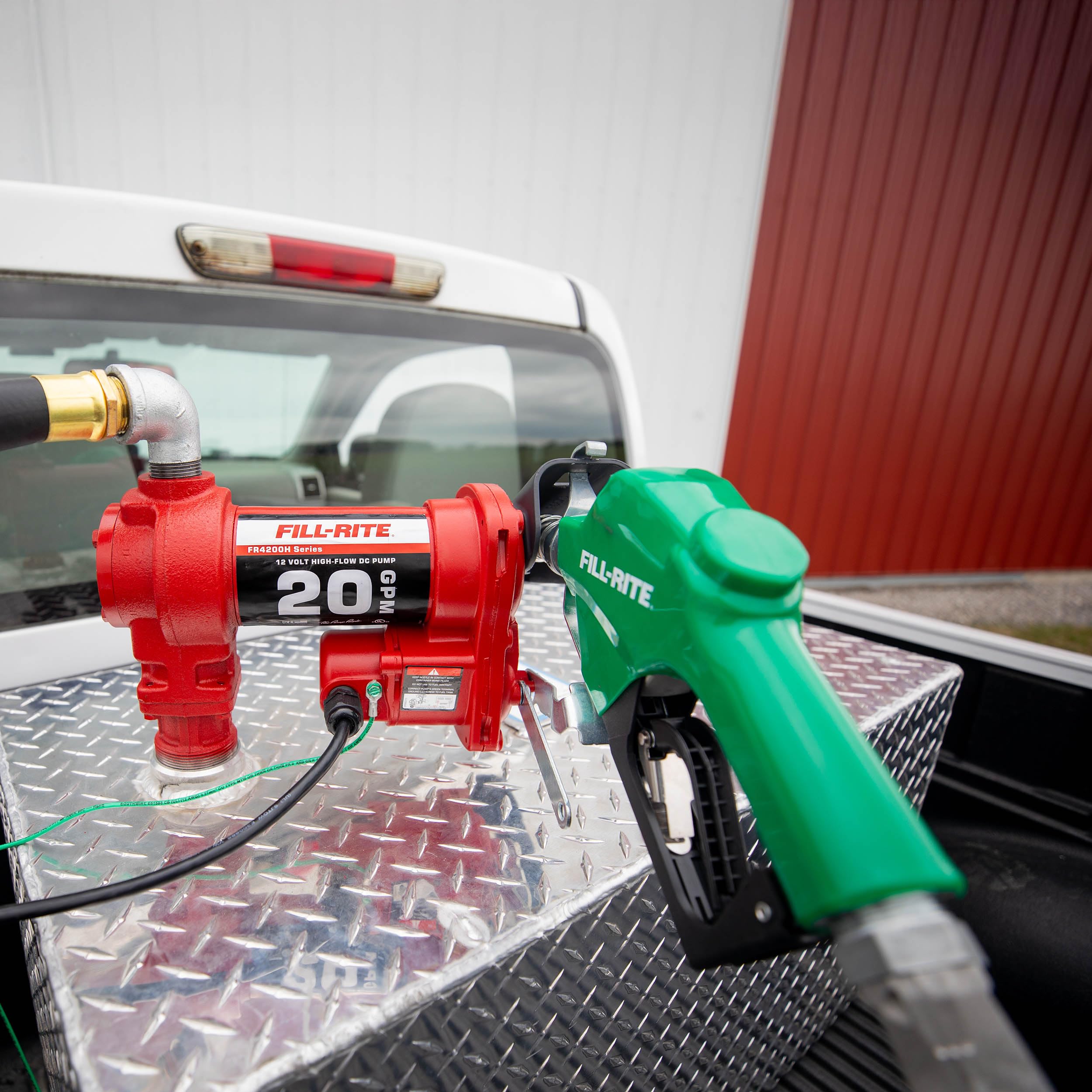 Fill-Rite 12V FR4220HDSQ Fuel Transfer Pump with Discharge Hose, Automatic Nozzle – Green, & Swivel | Gasoline, Diesel, Kerosene, Ethanol Blends, Methanol Blends & Biodiesel