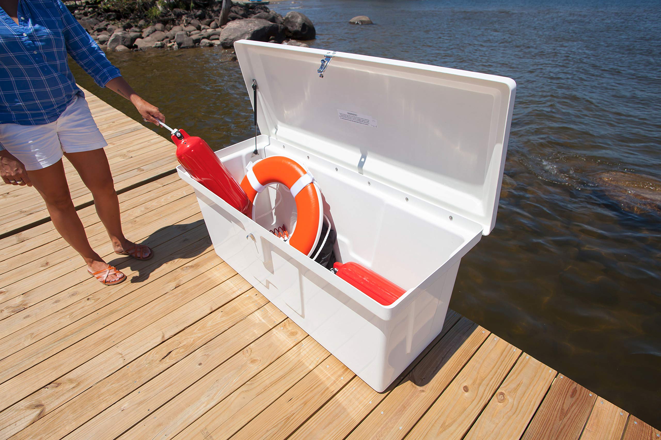 Taylor Made Fiberglass Dock Box Stow 'N Go with Top Seat - Large (29H x 72"W x 29"D) — Durable and Secure Storage for Boat Accessories - UV Gelcoat Finish - Stainless Steel Latch – 2020108645