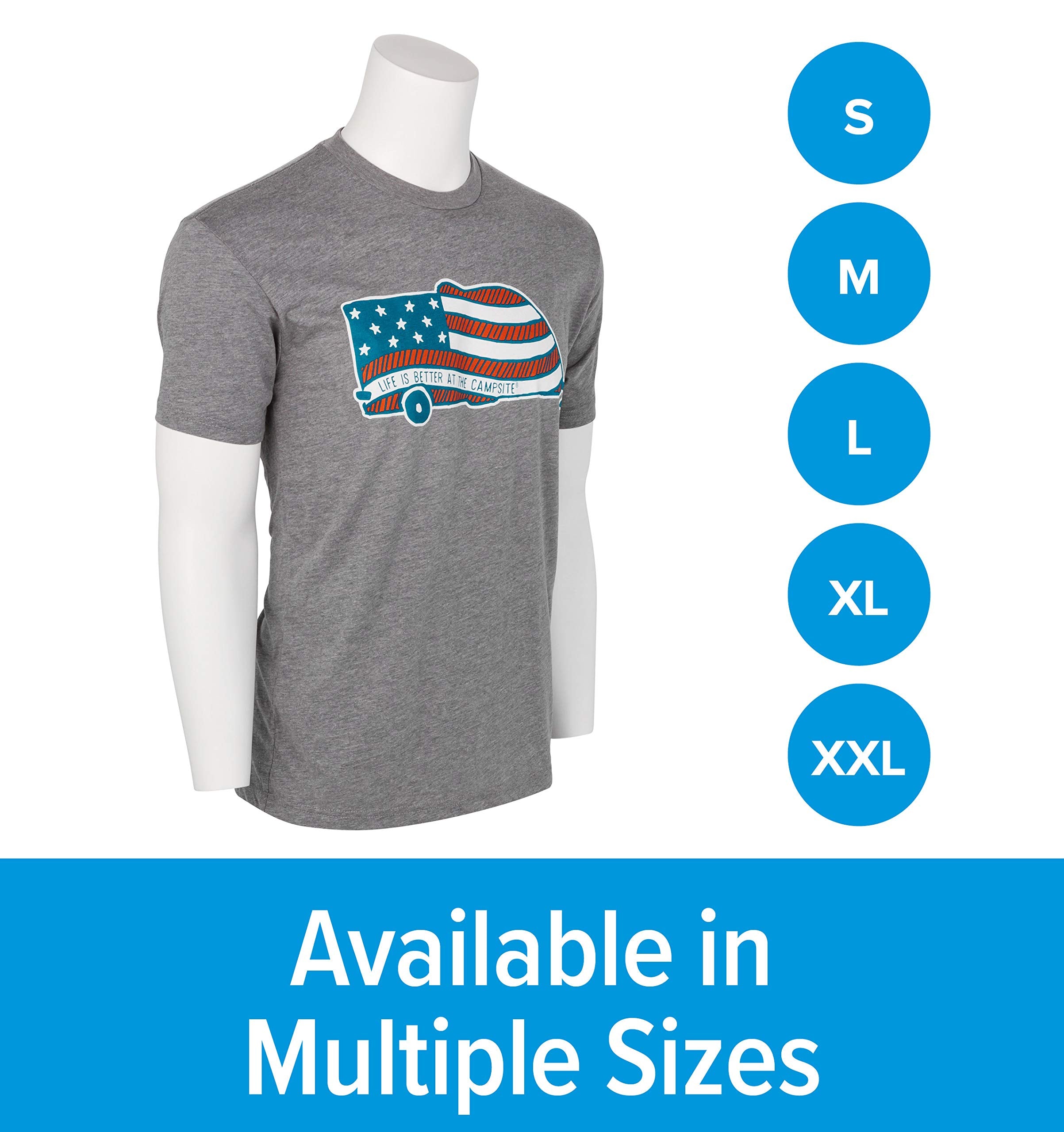 Camco Life is Better at The Campsite Short Sleeve Crew Neck T-Shirt | Features Soft Ring-Spun Cotton Fabric & American Flag Camper Design on Athletic Grey | Machine Washable, Large (53332)