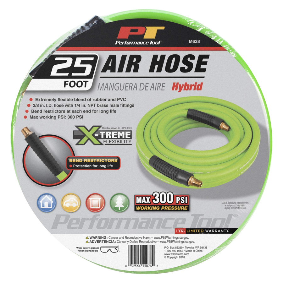 M628 Performance Tool 3/8-Inch x 25' Hybrid Air Hose - Flexible, Durable, and Kink-resistant Air Hose for Professional and DIY Use