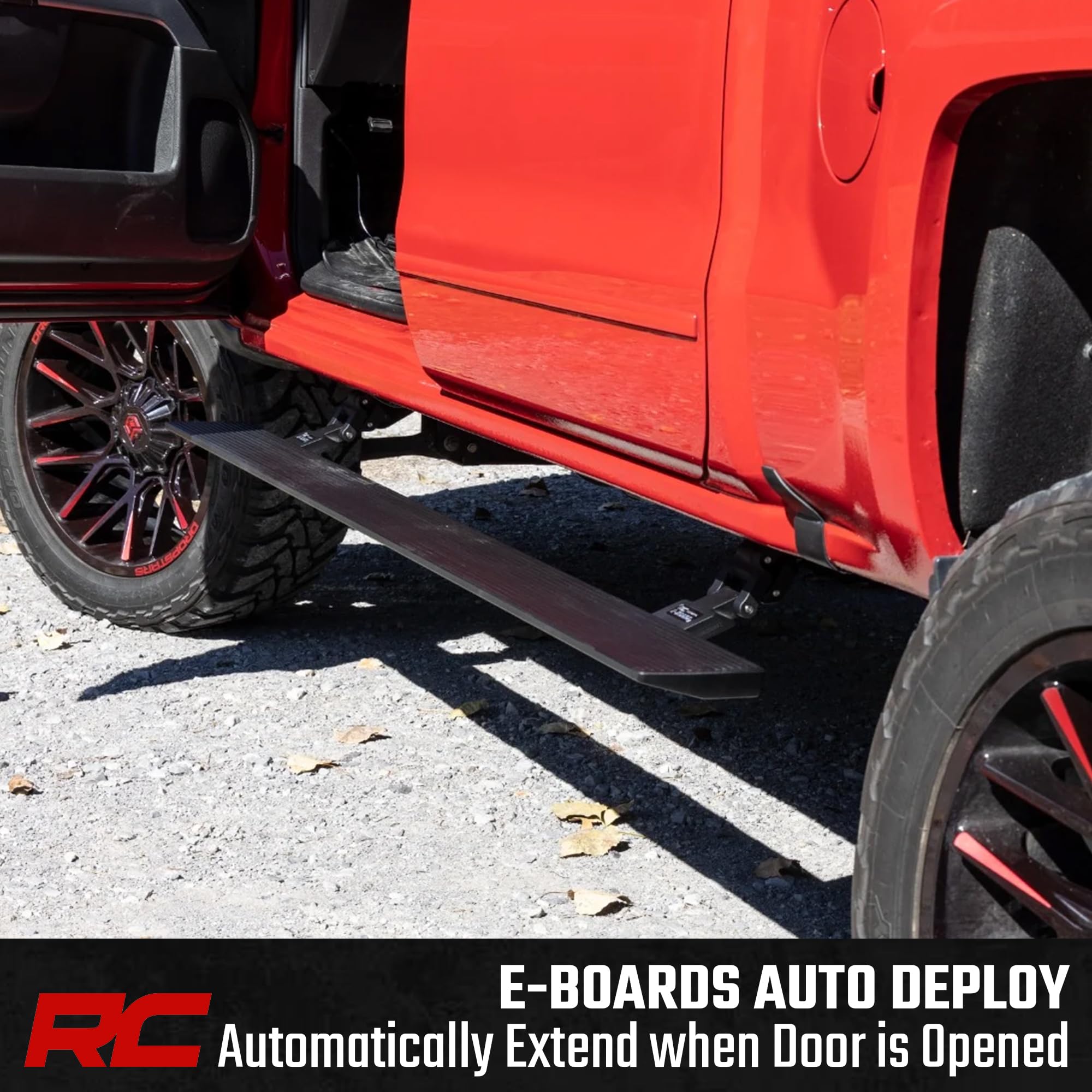 Power Running Boards Rough Country for Chevy Silverado & GMC Sierra 1500 / 2500HD / 3500HD Crew Cab (2014-2019) - Automatic Retractable Electric Side Steps with LED Lights, No-Drill Install