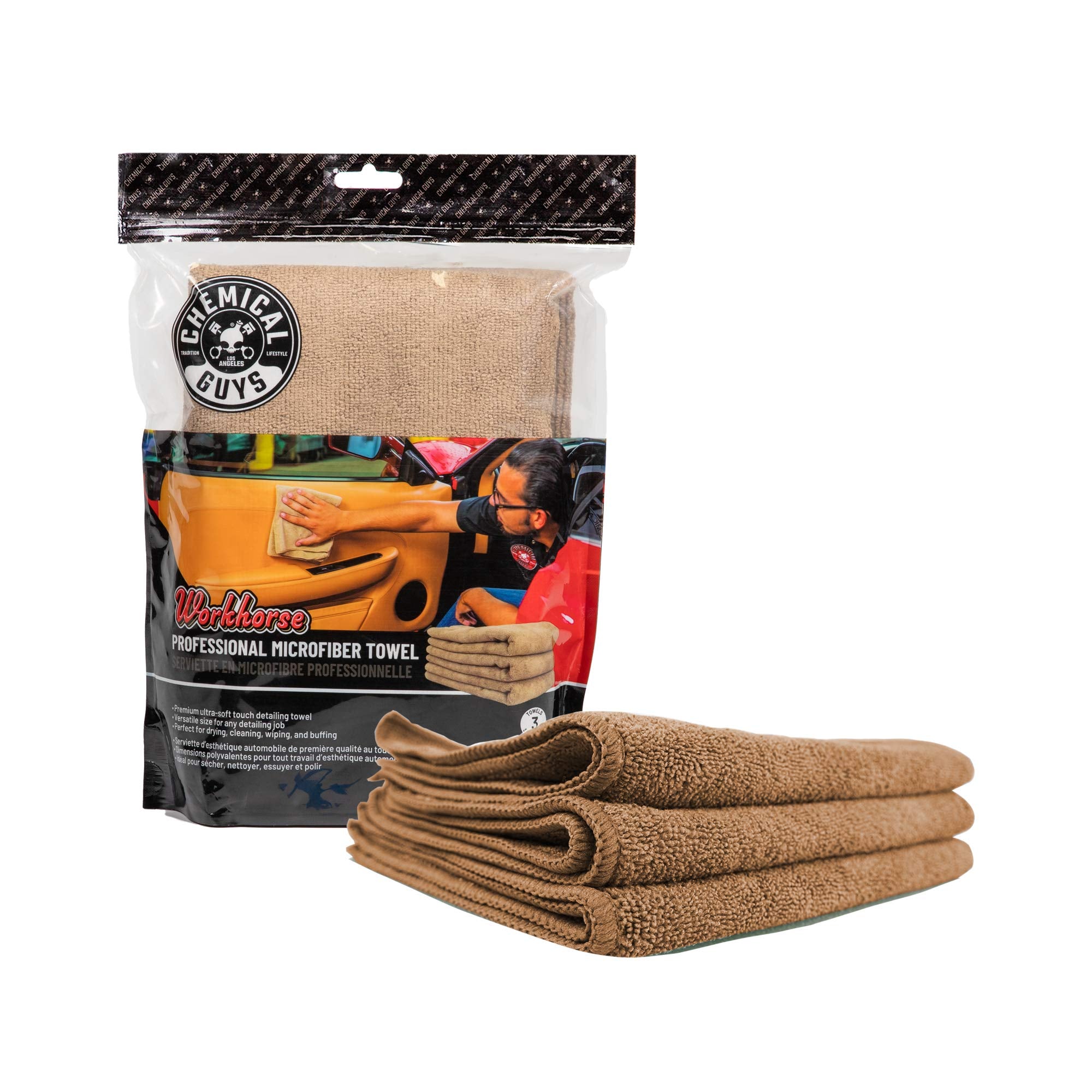 Chemical Guys MIC34403 Professional Workhorse Microfiber Towel, Tan (Safe for Car Wash, Home Cleaning & Pet Drying Cloths) 16" x 16", Pack of 3