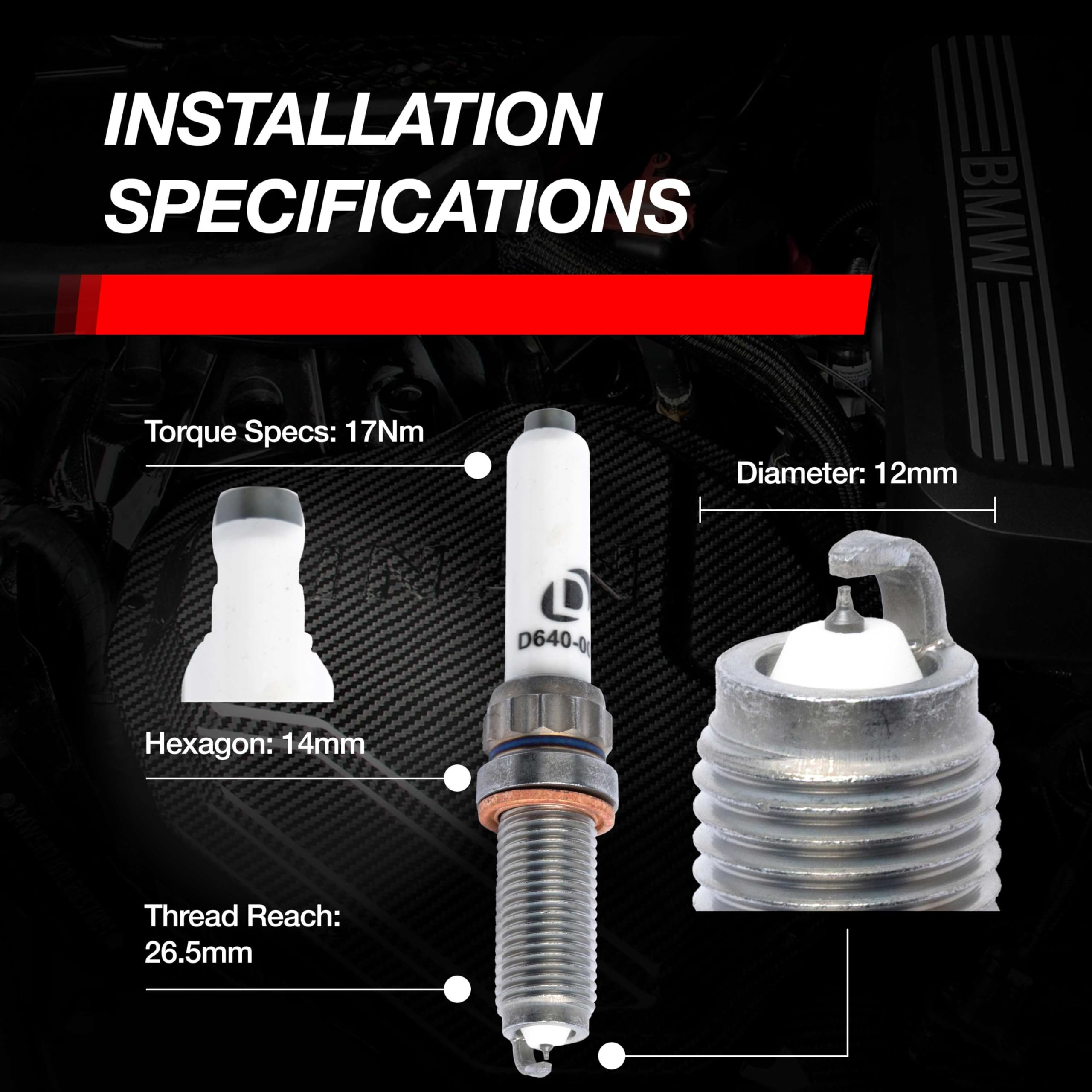 Dinan Pro Iridium Spark Plug D640-0001 - For BMW Model B48/B58/S58 Engines - 12x26.5x14mm - Heat Range 9 - Direct Replacement for OEM Stock Parts - 1 pack