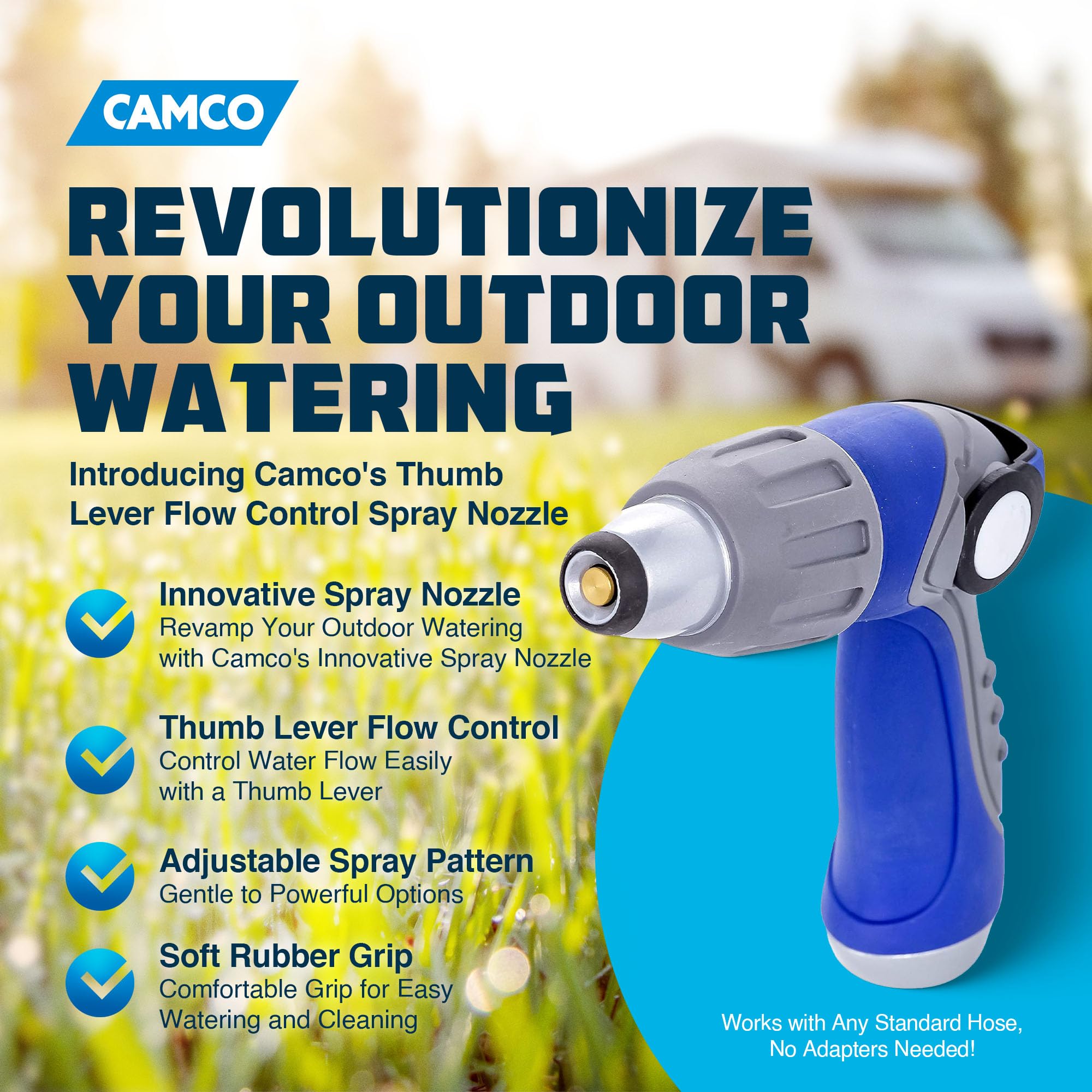 Thumb Lever Camco Nozzle with Adjustable Spray Pattern – Fits Any Standard Hose (41986)