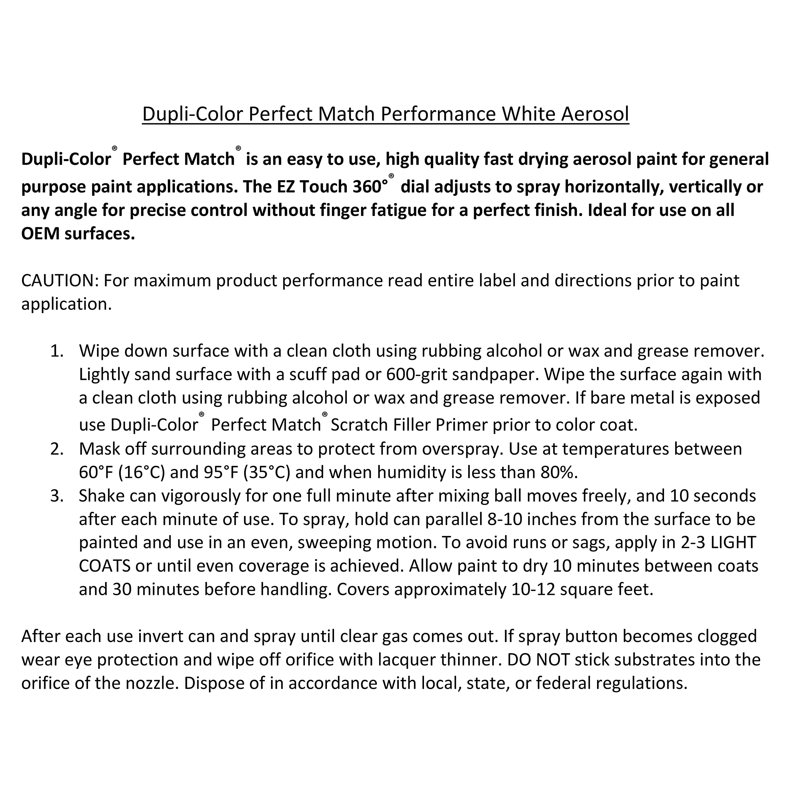 Dupli-Color Perfect Match Automotive Spray, Ford Performance White, 8 oz. Aerosol Can WB/WP/WT/YA