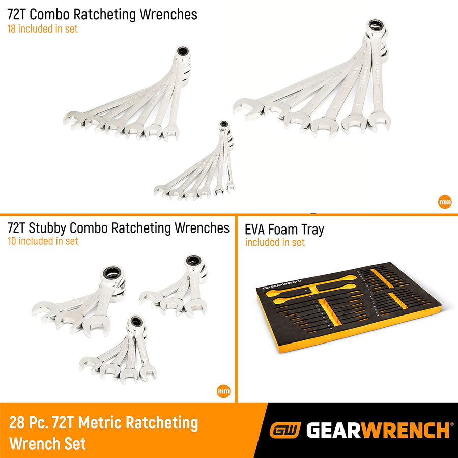 28 Piece GEARWRENCH 72T Metric Standard & Stubby Ratcheting Wrench Set with EVA Foam Tray - 86527
