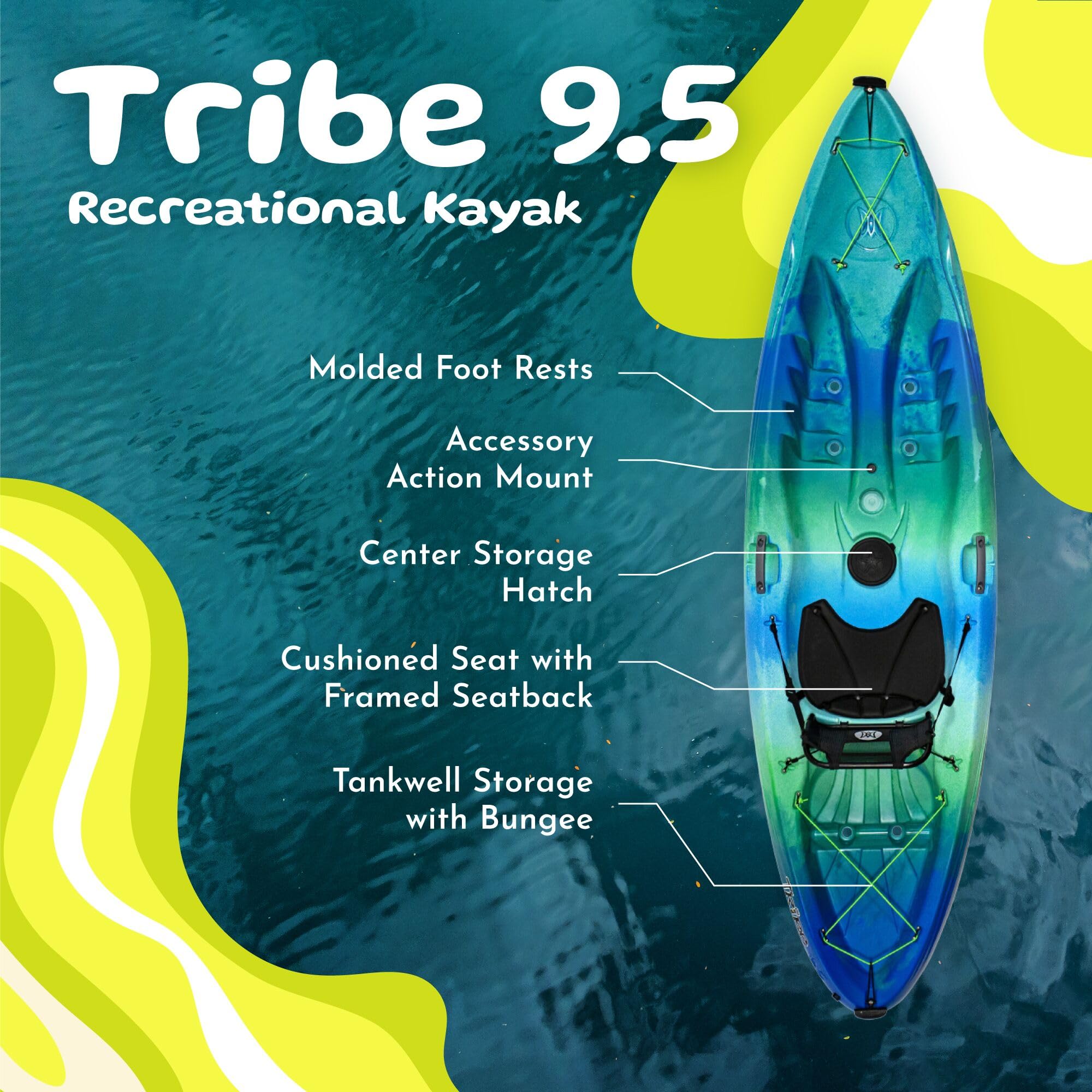 Perception 9.5 Tribe - Recreational Kayak Sit on Top - Large Rear Storage with Tie Downs - 9.5 ft - Déjà Vu