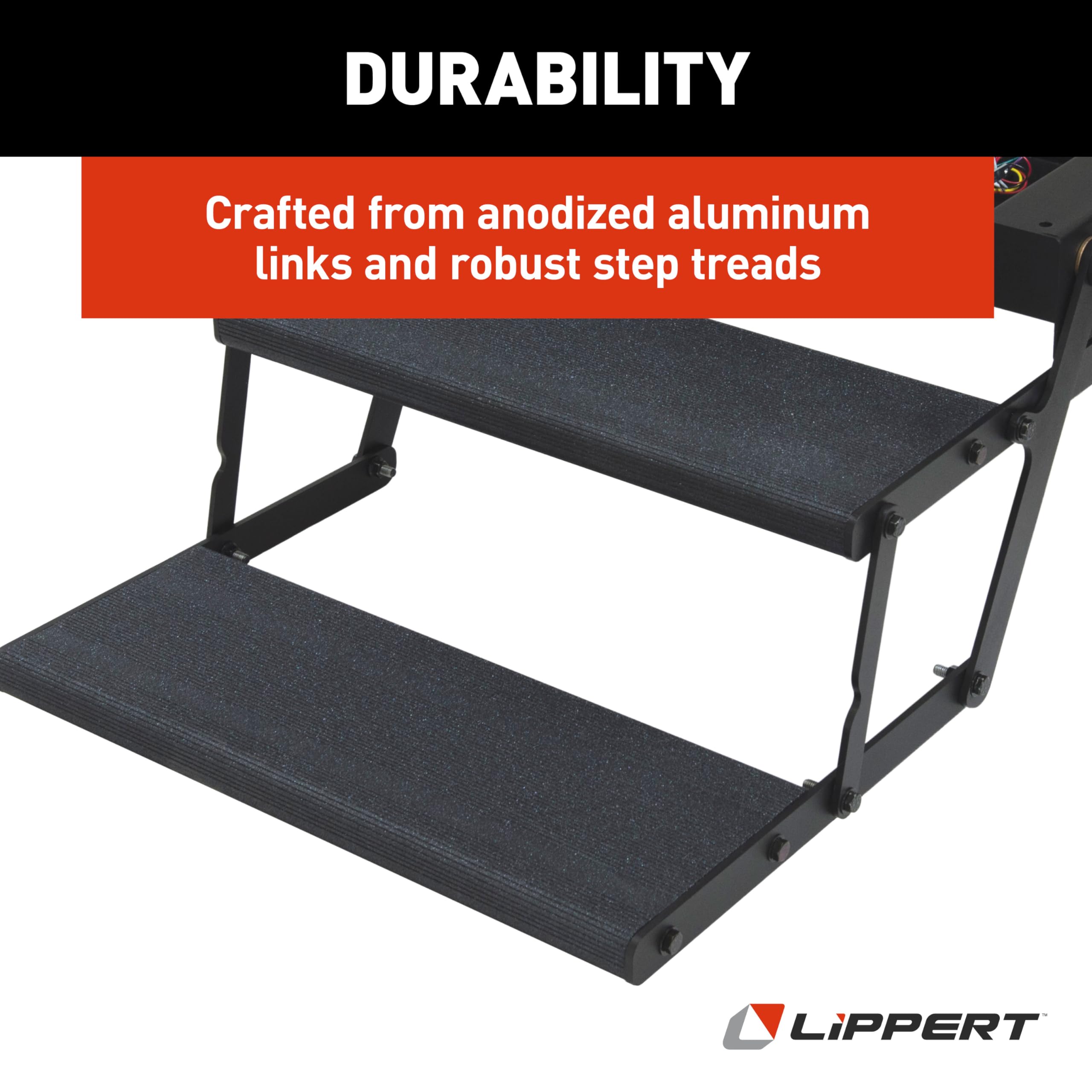 Tread Lite Lippert Components RV Power Steps - 24" Double Electric Foldout Step Configuration with LED Lighting, 8.5" Rise and Depth, Anti-Slip Coated Stepping Surface, Automatically Retracts - 353543
