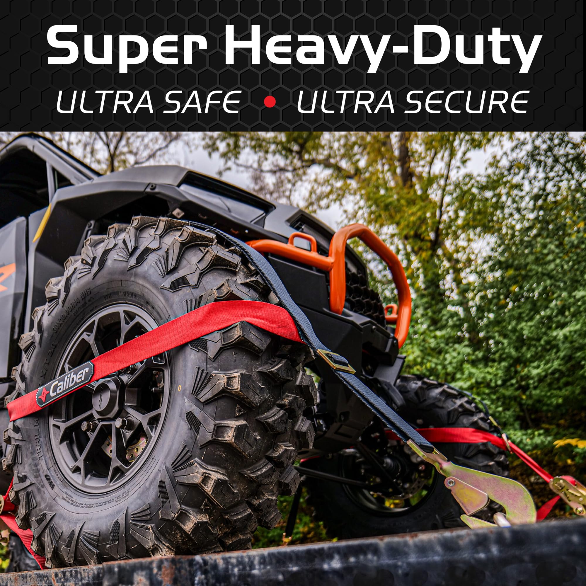 Caliber Heavy-Duty Trailblazer ORV Tie Down Straps, 2-Way Tension Around Tire with 11,000 lbs. Break Strength, 4-Pack