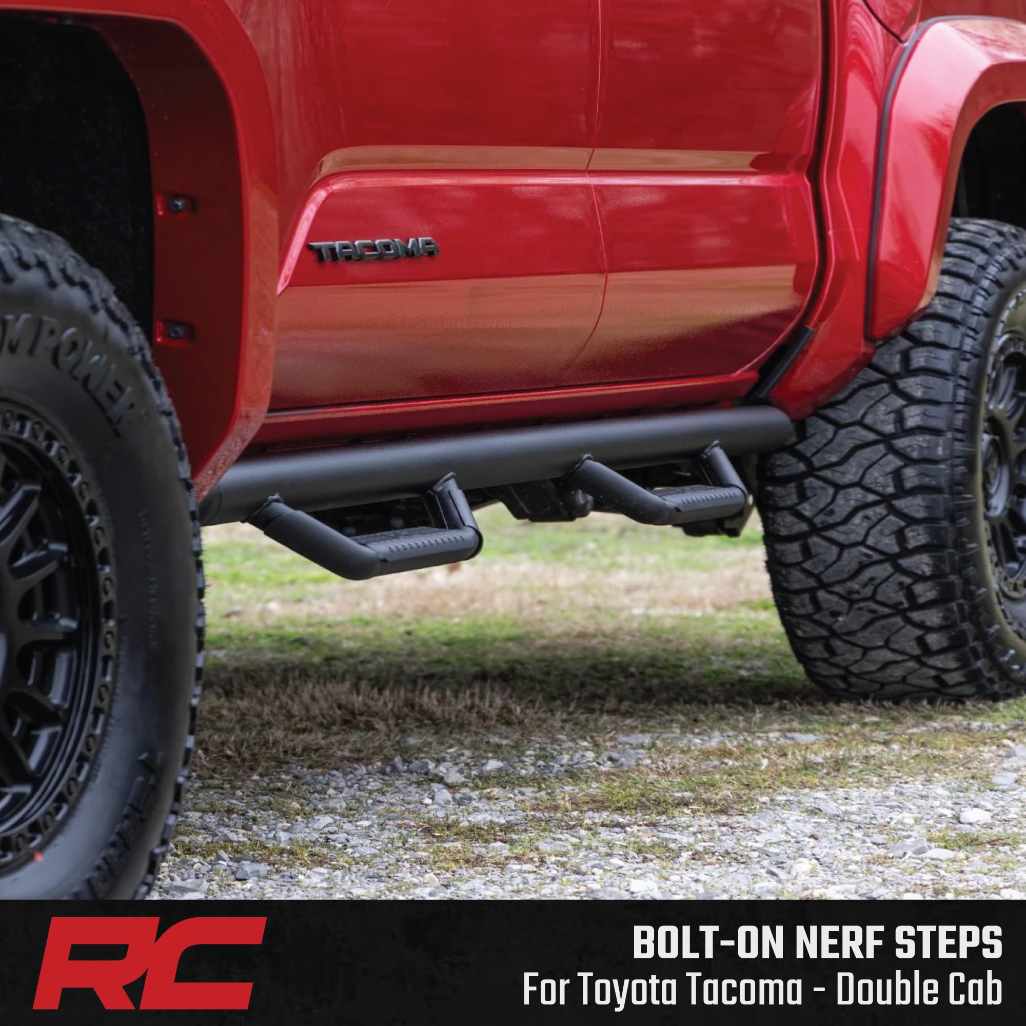 Rough Country Nerf Step Bars for Tacoma Toyota (2024-2025) Double Cab - Rugged Full Length Nerf Bars with Side Steps, Bolt-On Install