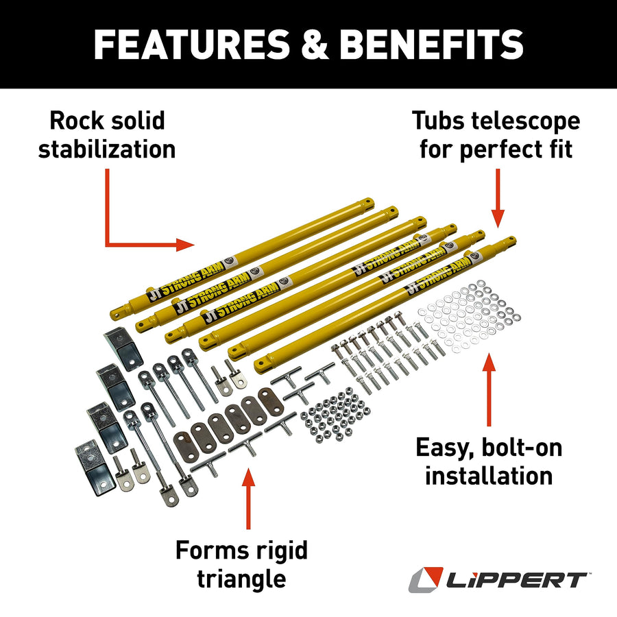 Strong Arm JT's Travel Trailer Jack Stabilizer Kit, Bolt-On Installation, Universal Compatibility, Telescoping Tubes, Eliminates Chassis Movement - 191025