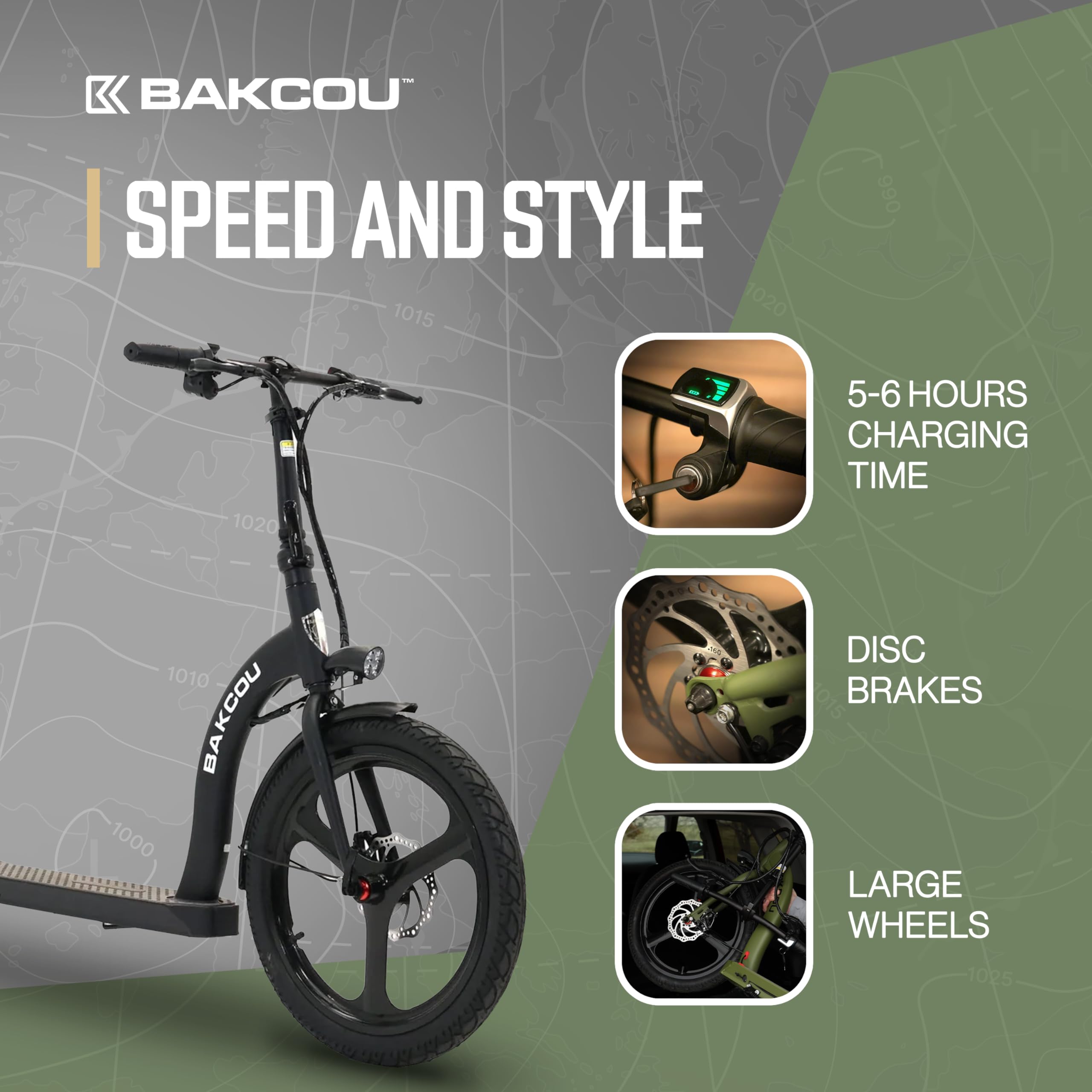 Bakcou - Electric Scooter Foldable Badger with Seat - Matte Black - 350W Motor 36V Battery, Large Wheels, Disc Brakes with Lights, Horn & Charger