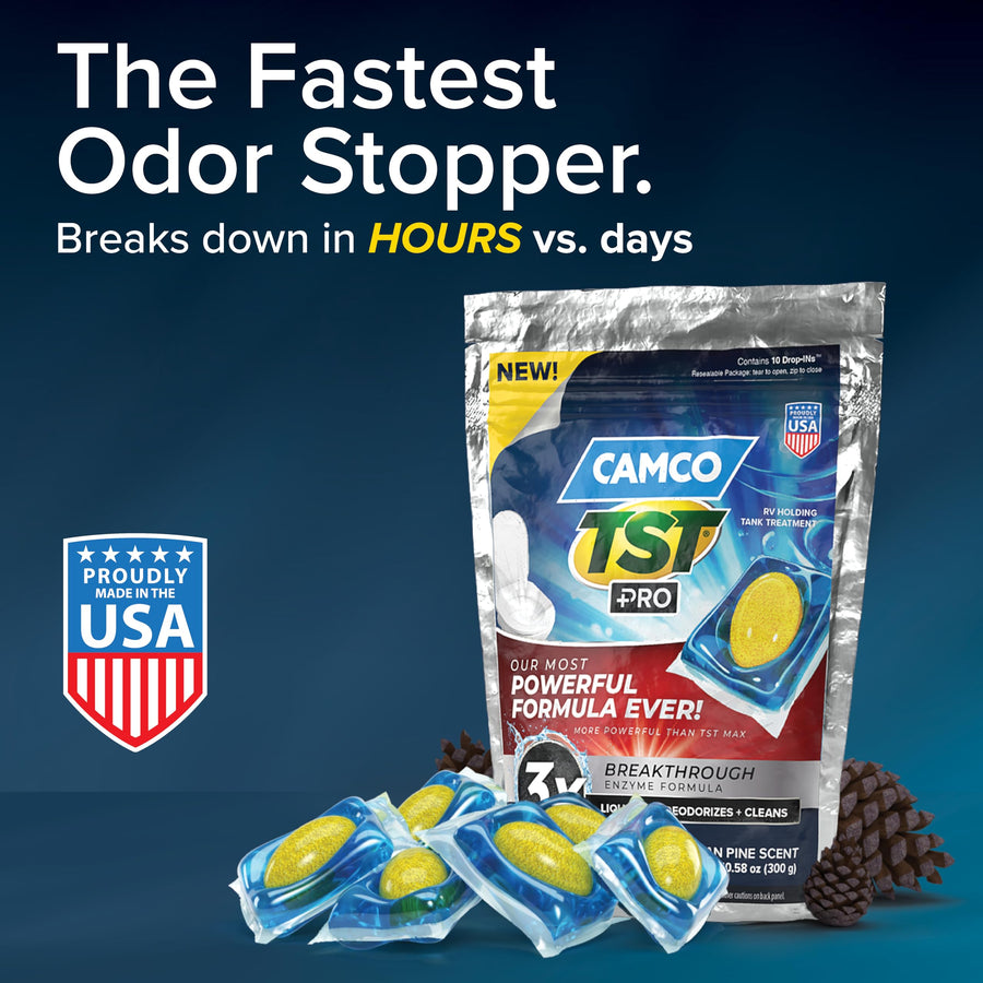 Camco TST PRO Drop-INs RV Toilet Treatment - New & Innovative Bio-Enzymatic Formula for Rapid RV Sewer Break Down - RV Black Tank Treatment - Fresh Pine Scent - Septic-Safe, 10-Pack (41770)
